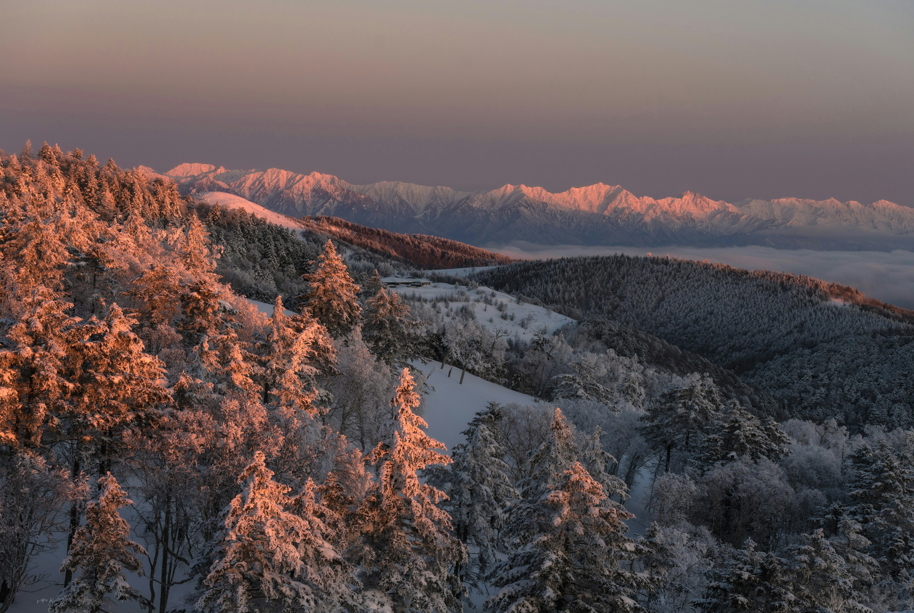 雪に覆われた山々と夕焼けの空が映える風景