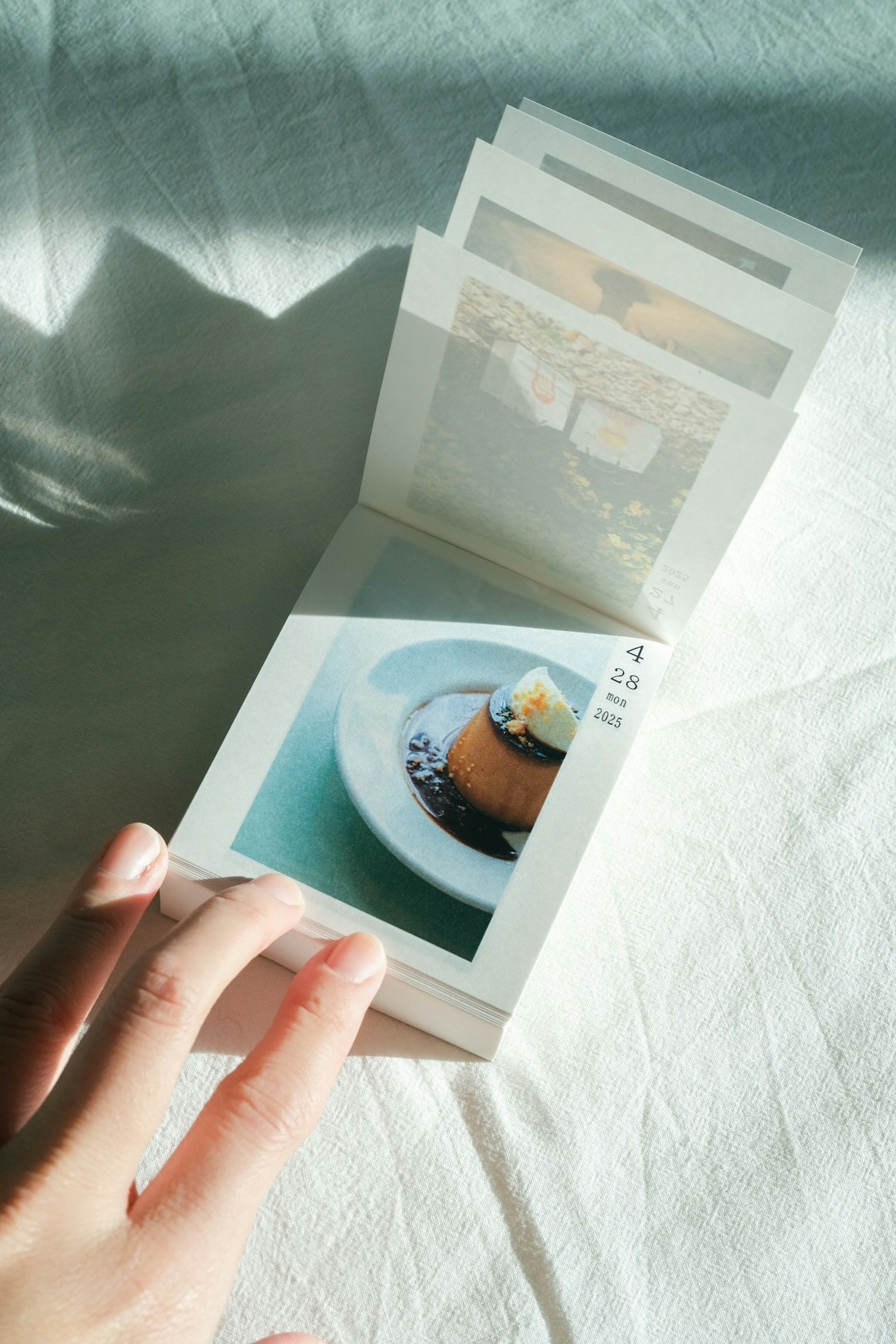 A hand holding a flip photo album showcasing a colorful dessert image