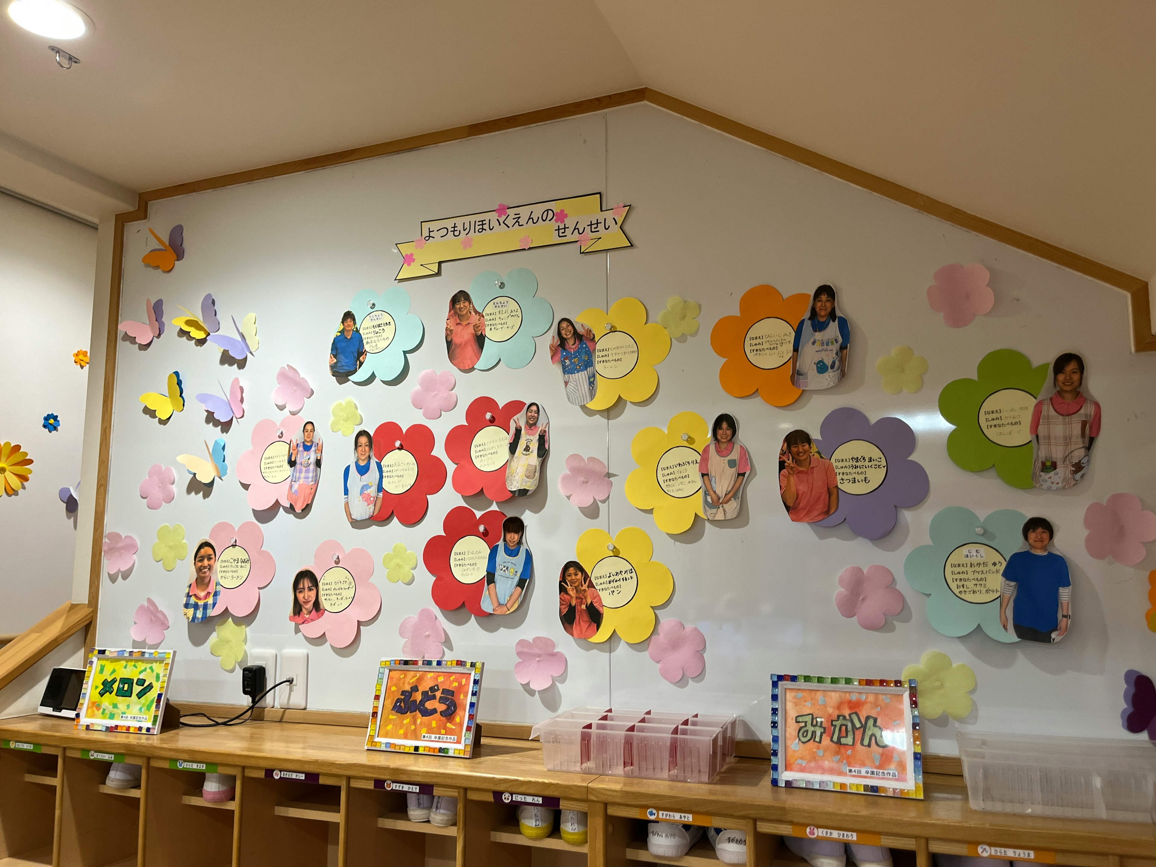 Wand im Klassenzimmer dekoriert mit bunten Blumen und Fotos von Kindern