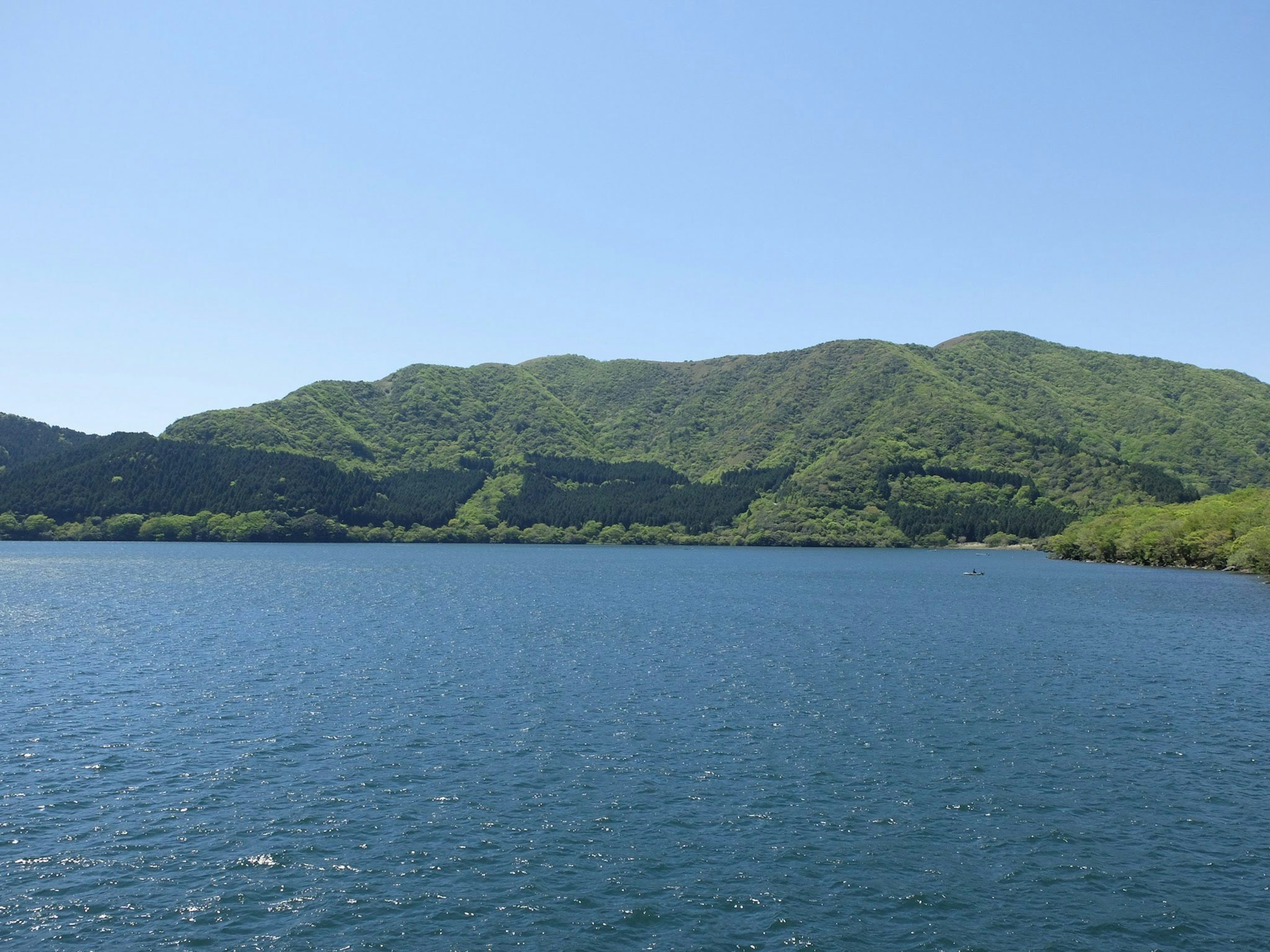 Calm lake with lush green mountains in the background