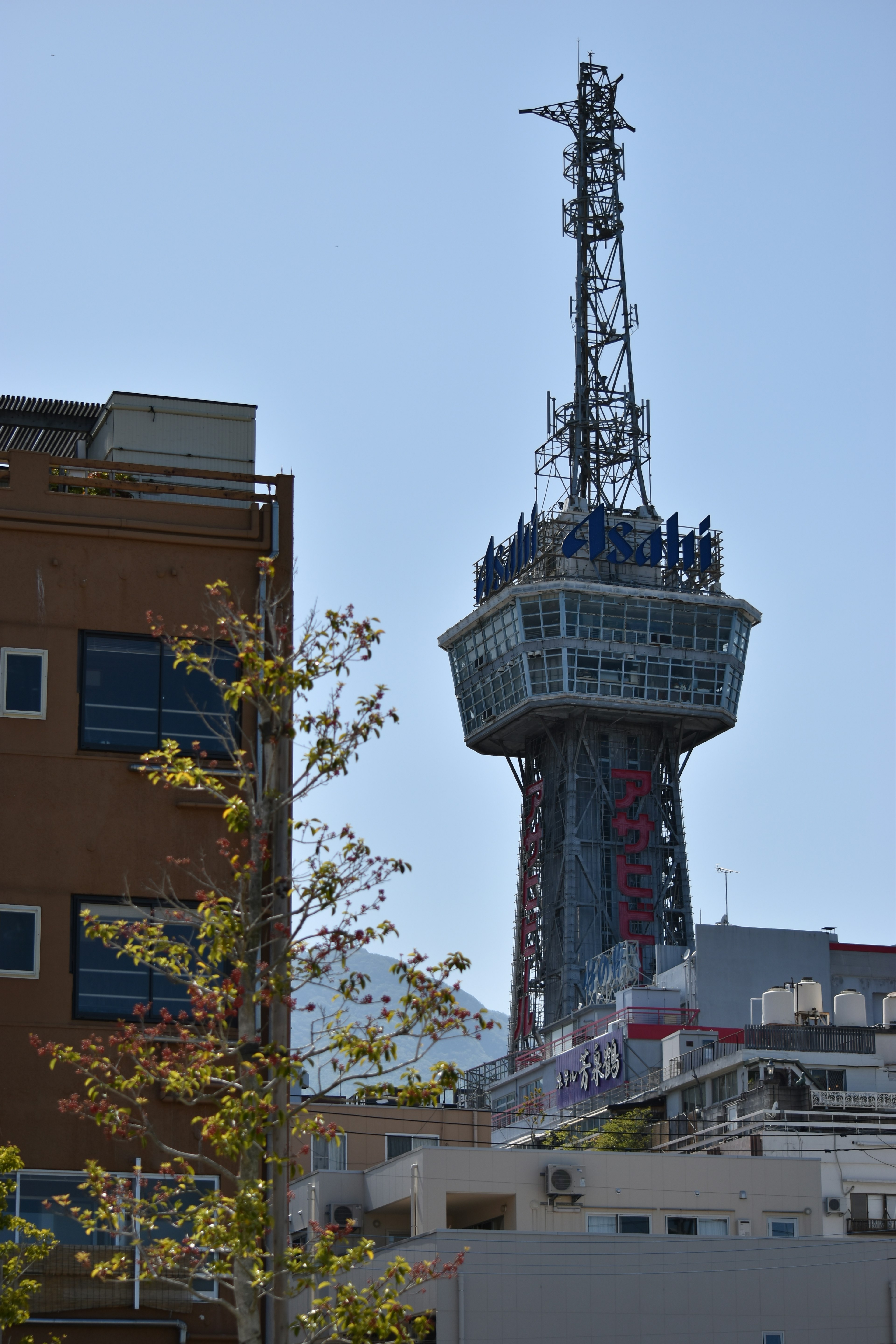 View of a tall observation tower with a communications structure