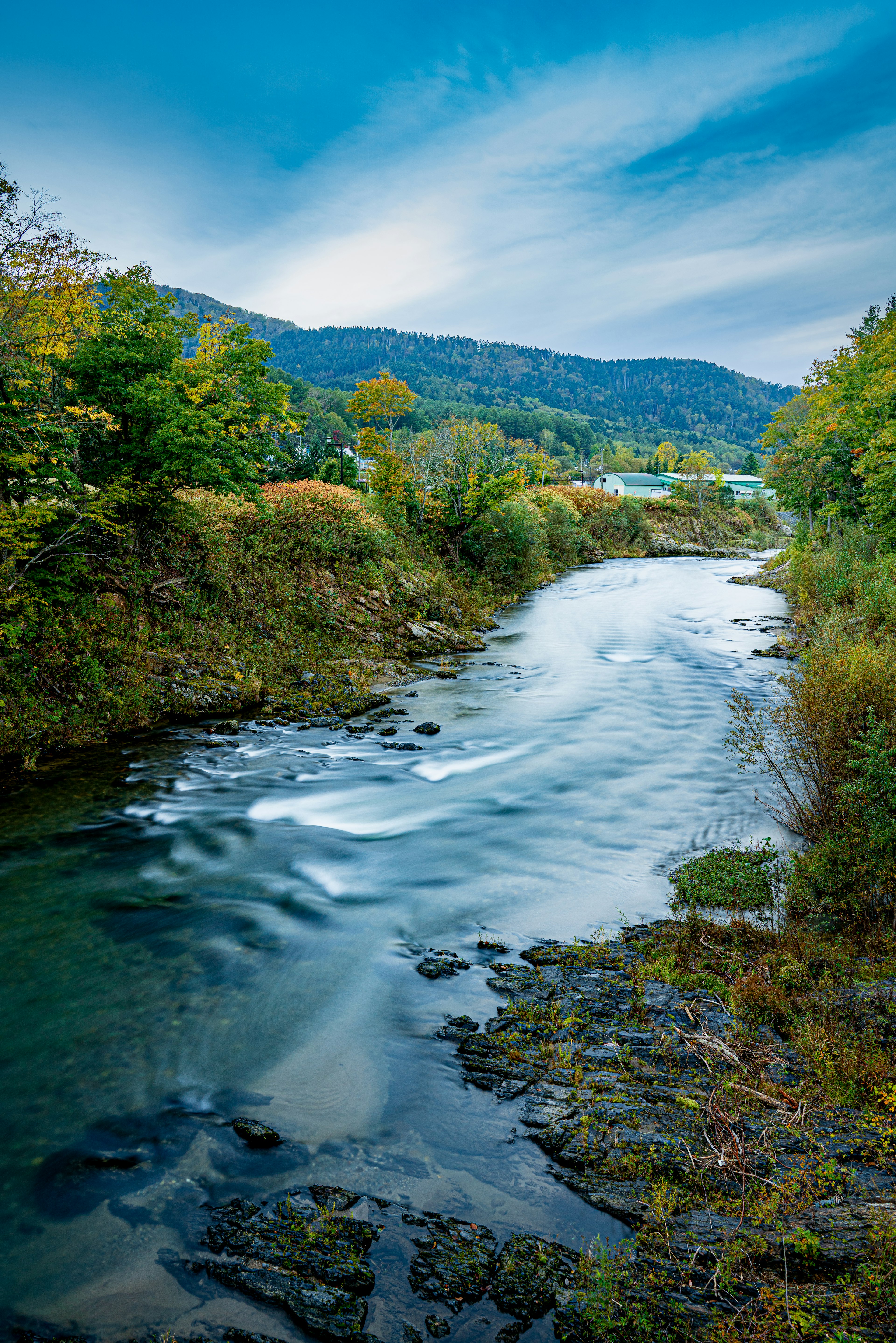 Vue pittoresque d'une rivière sinueuse sous un ciel bleu avec une végétation vibrante et des couleurs d'automne