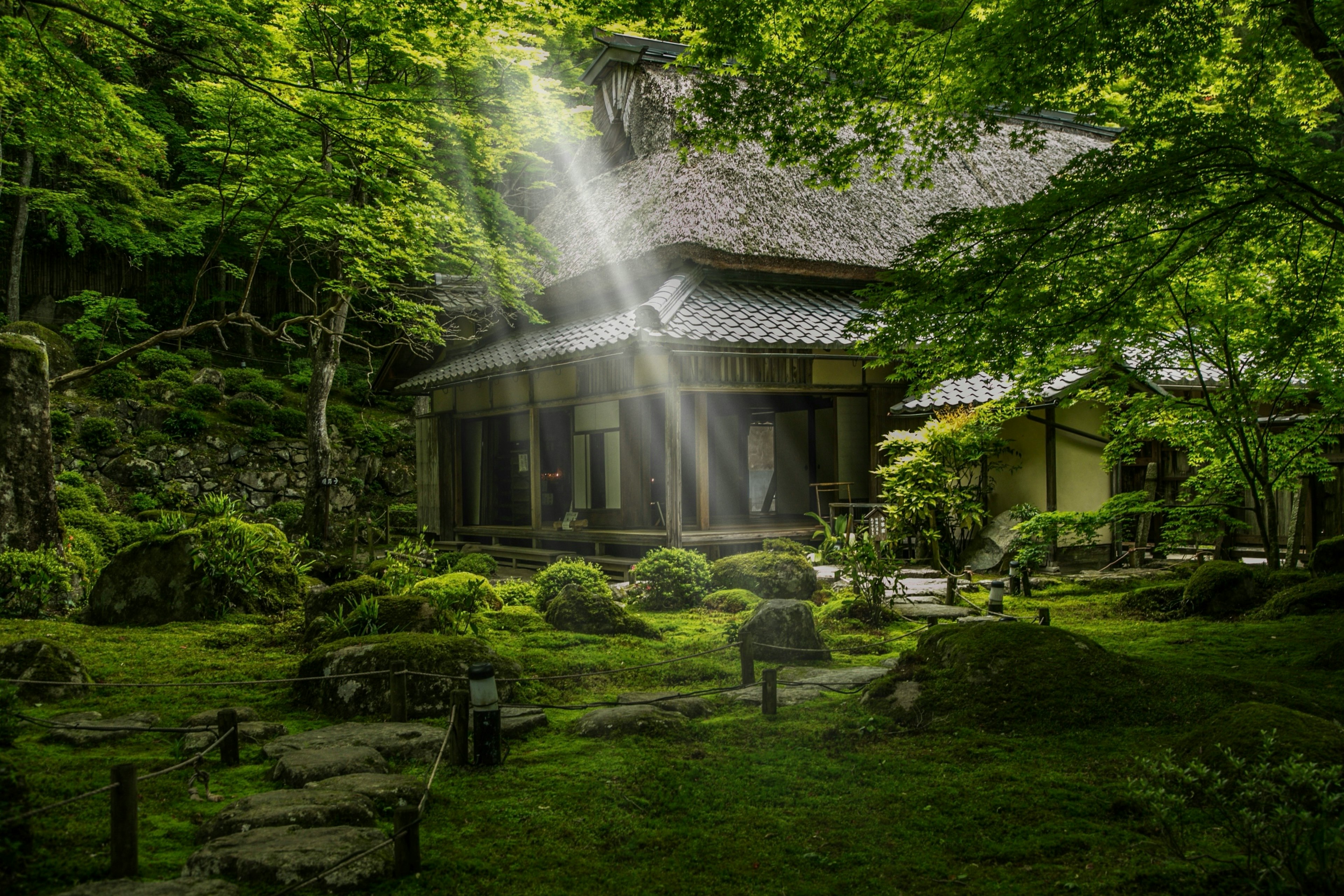 Casa japonesa tradicional rodeada de vegetación exuberante en un jardín sereno