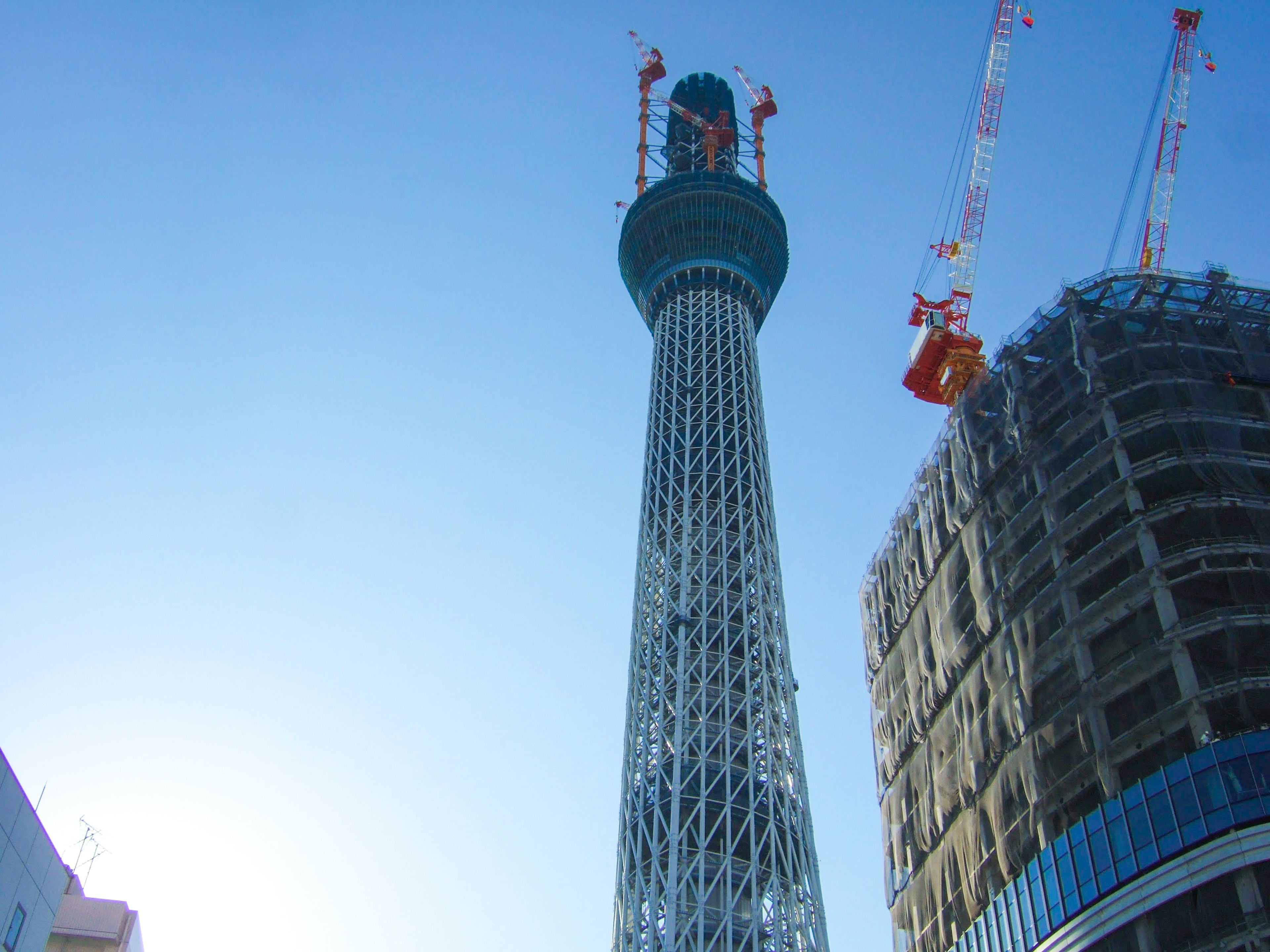 Imagen de la Tokyo Skytree en construcción elevándose contra un cielo azul mostrando su estado de construcción actual