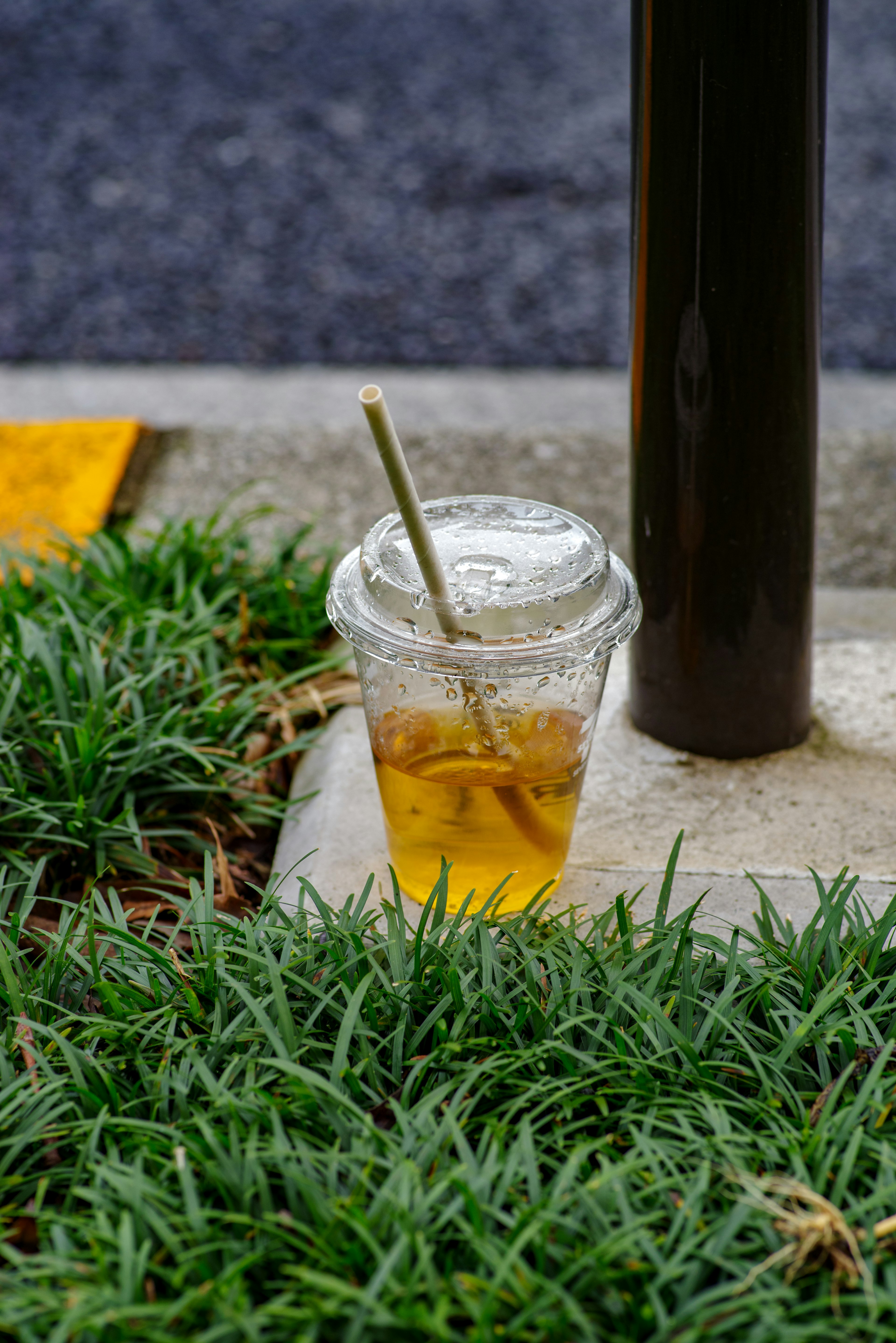 Un vaso transparente de té helado colocado sobre la hierba junto a un poste