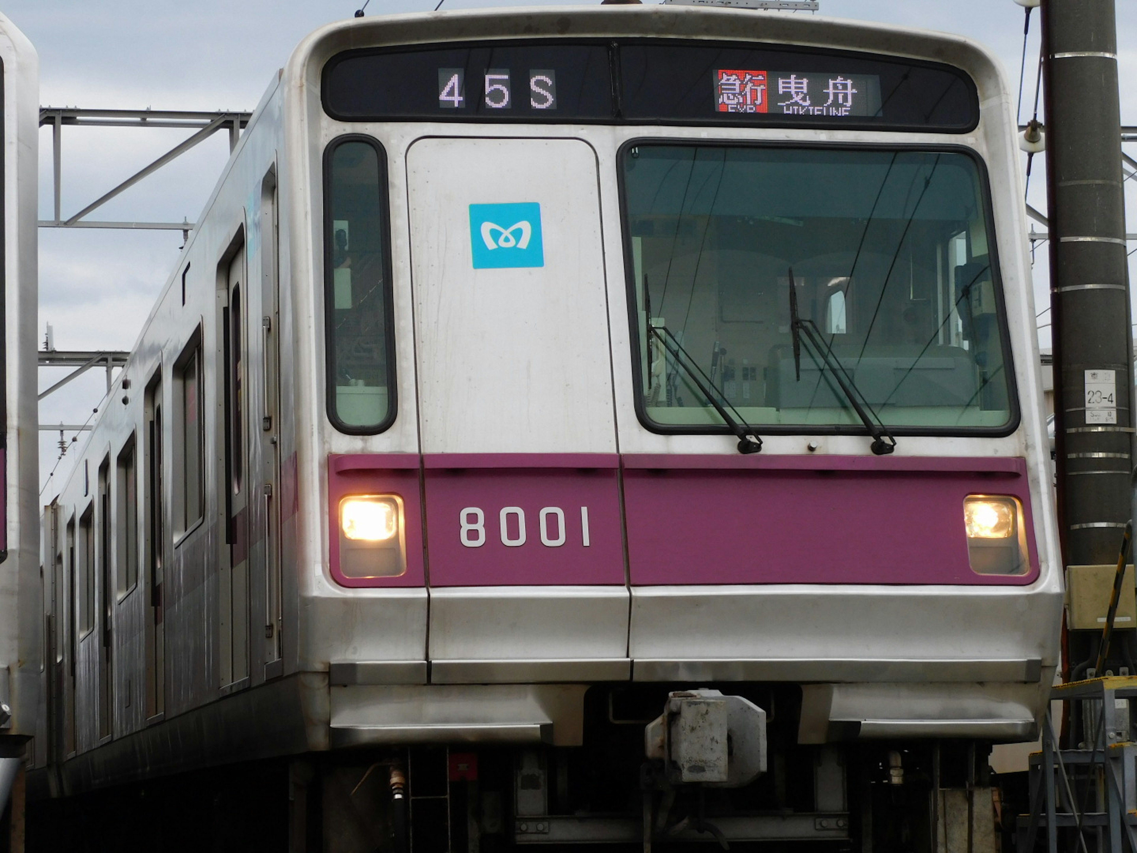 Train number 8001 stopped with a purple exterior and blue logo