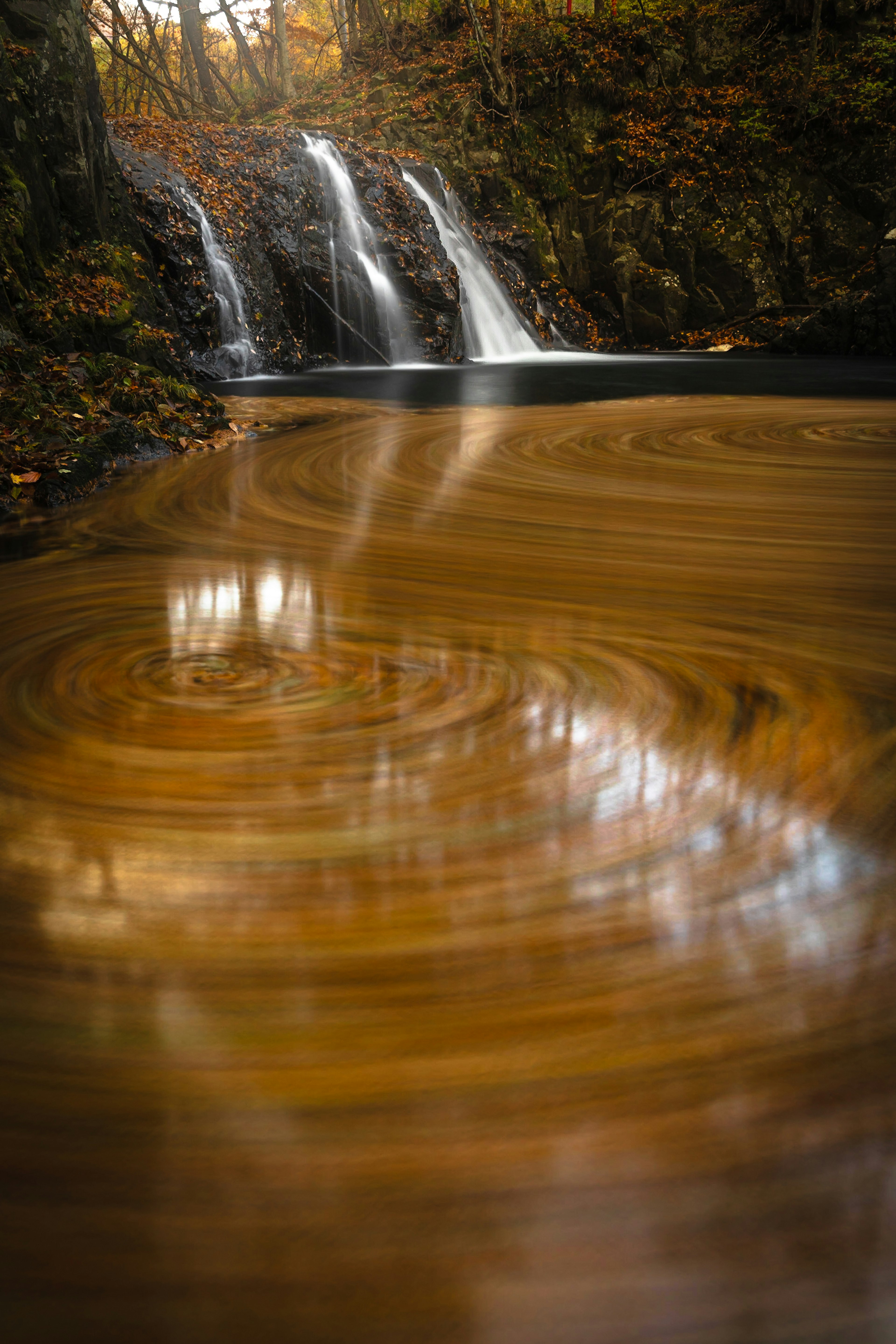 Vue pittoresque d'une cascade d'automne avec une surface d'eau tourbillonnante