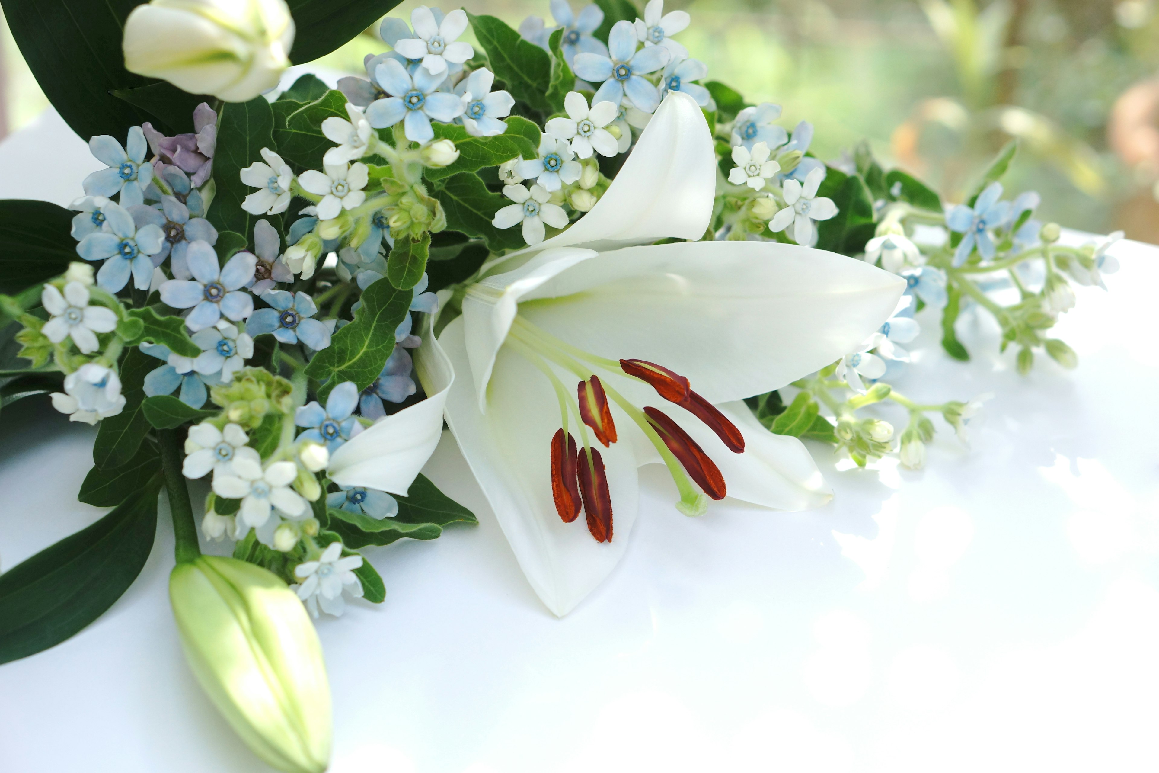 Bouquet featuring white lilies and small blue flowers