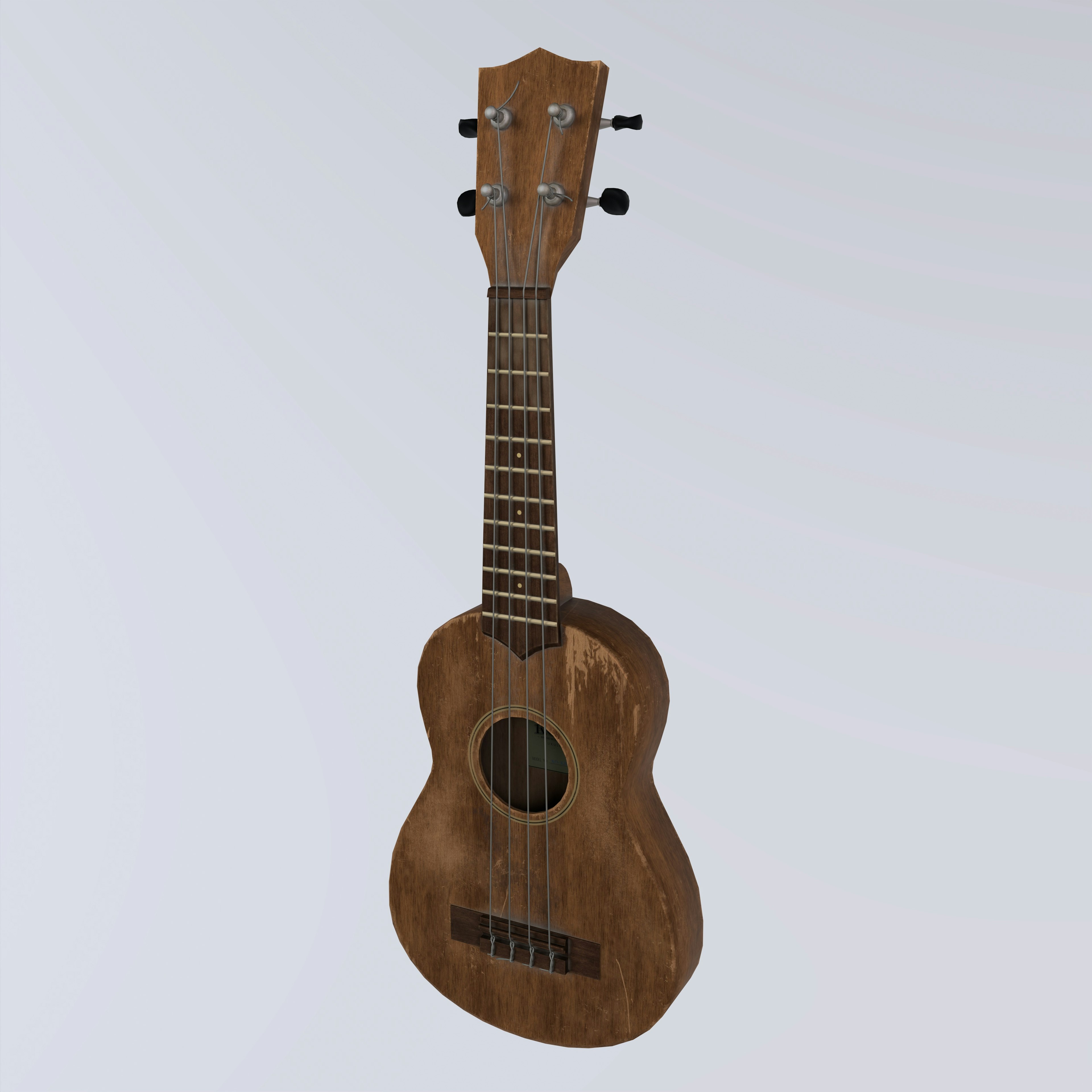 A wooden ukulele facing forward