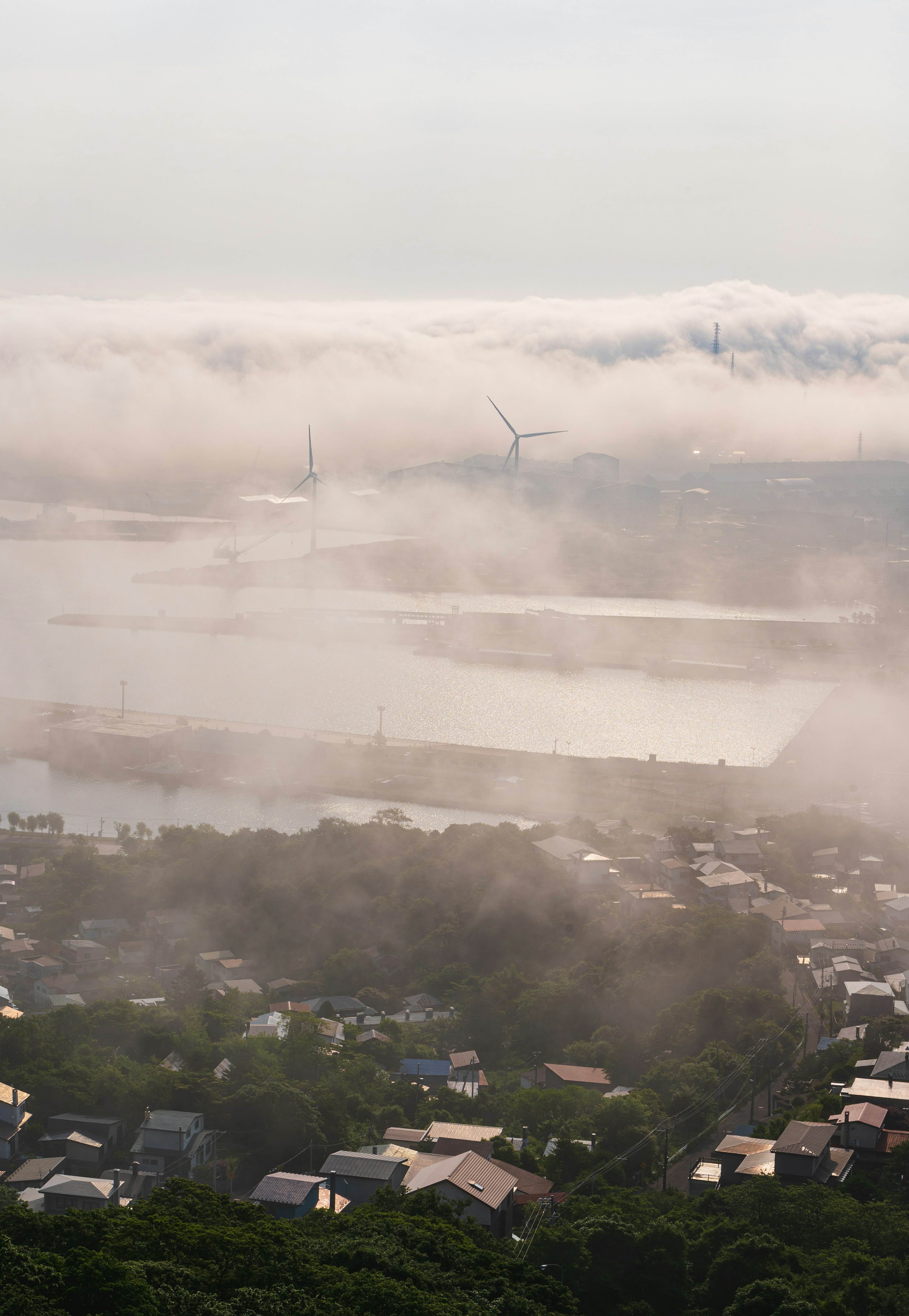 被雾笼罩的房屋和河流景观，宁静的晨景，远处可见的山脉