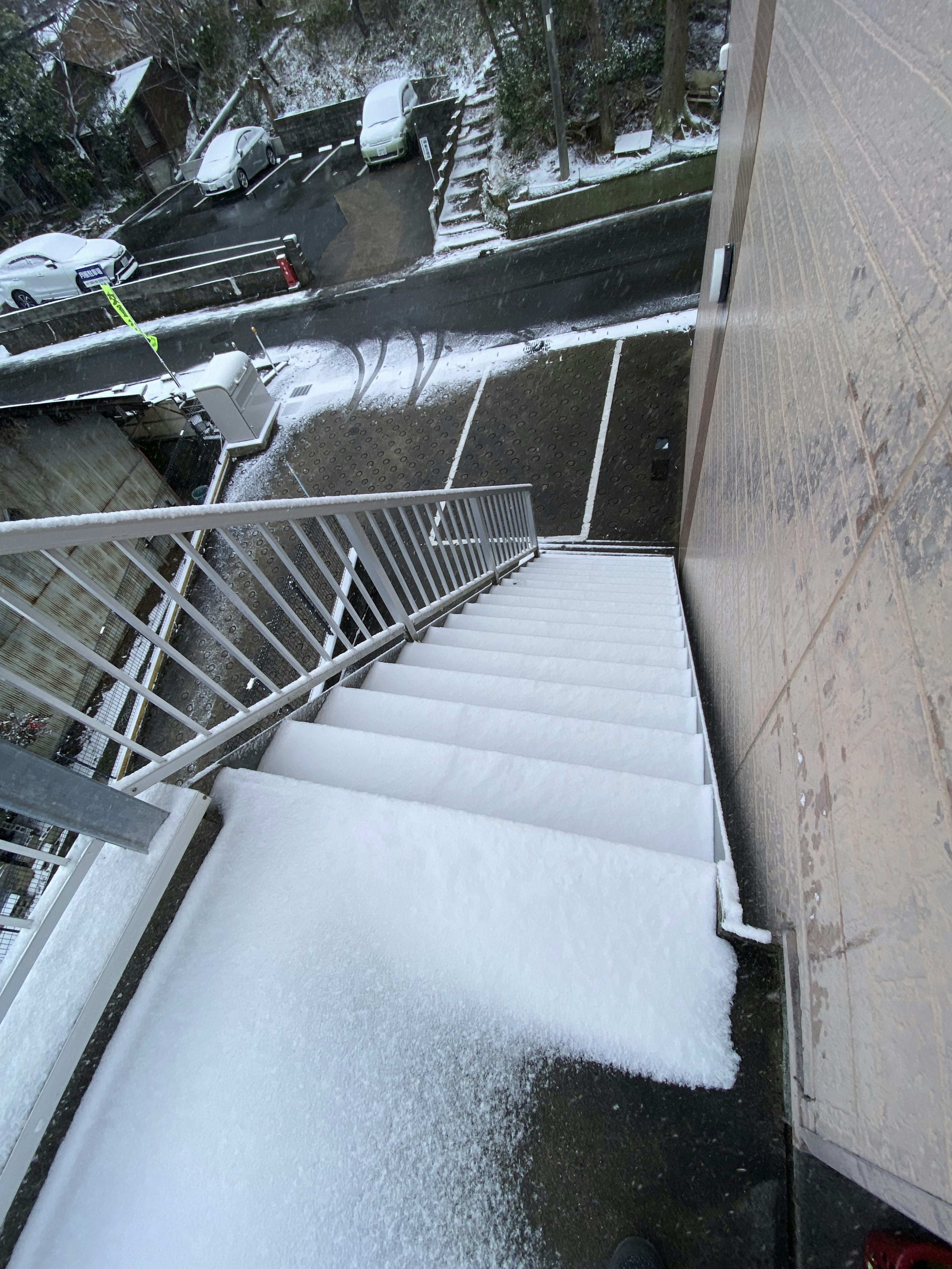 积雪覆盖的楼梯图像，台阶上可见一层白色的雪