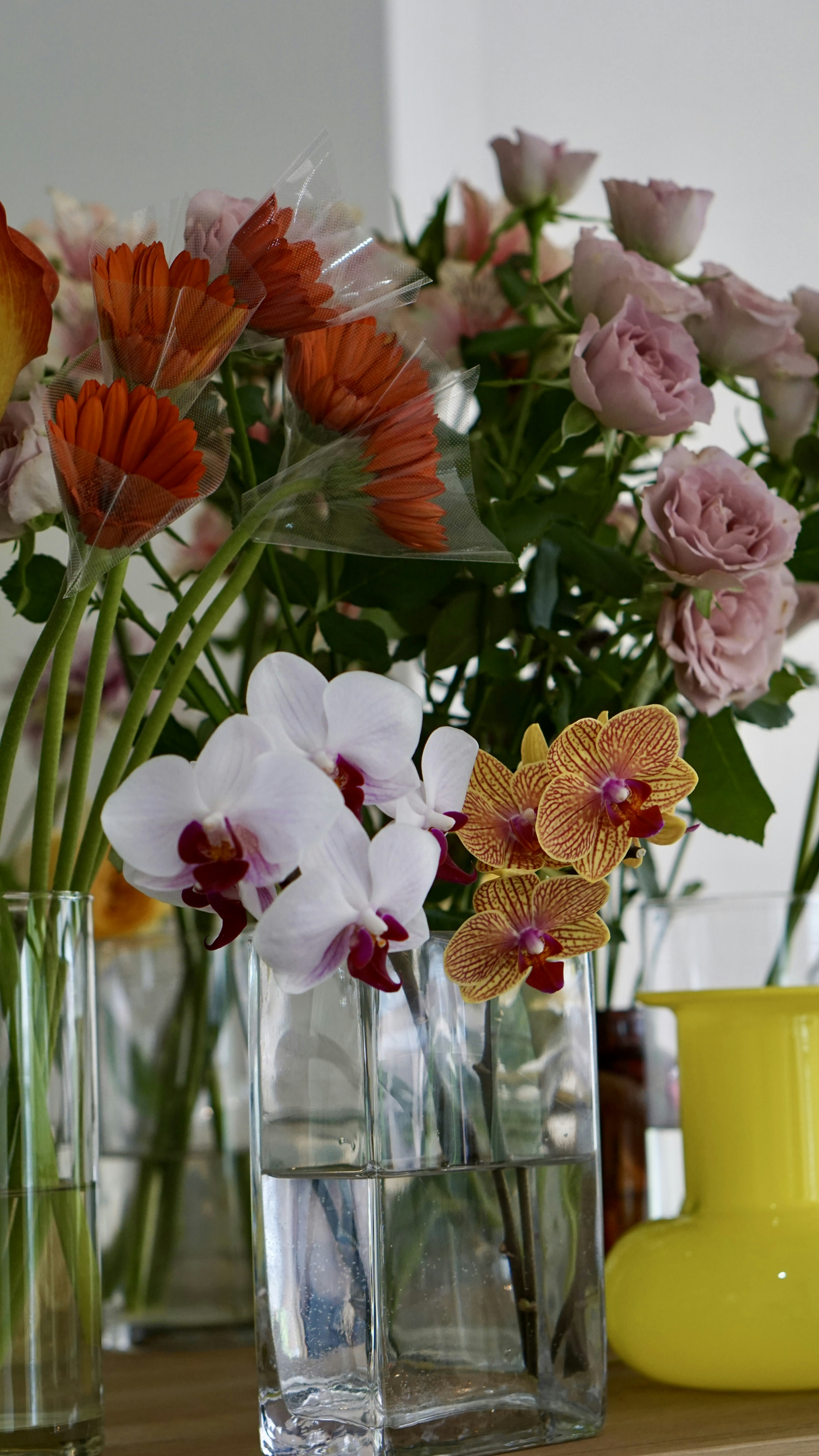 Fiori colorati in vasi di vetro con un vaso in ceramica gialla