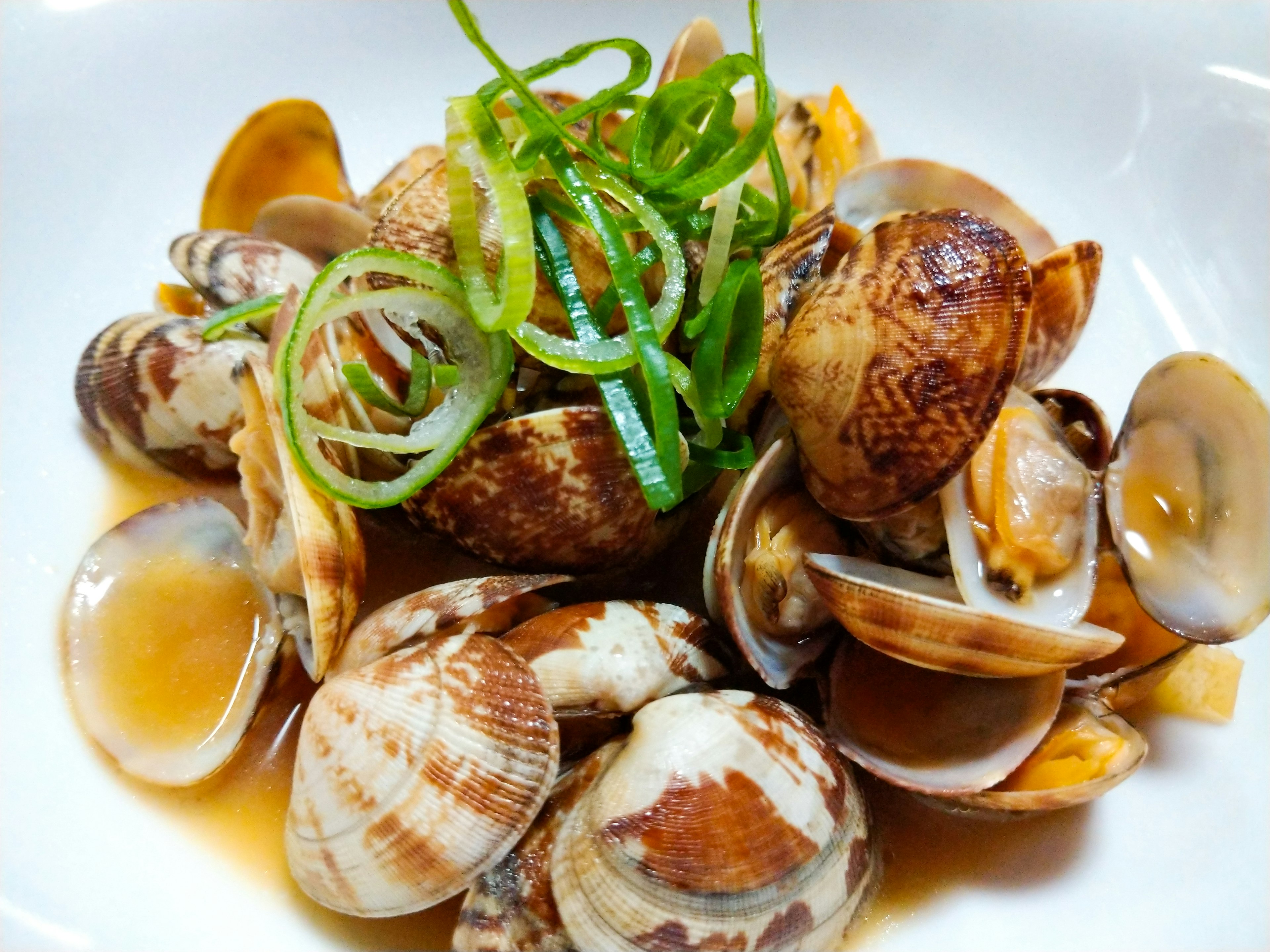 A dish of clams garnished with green onions