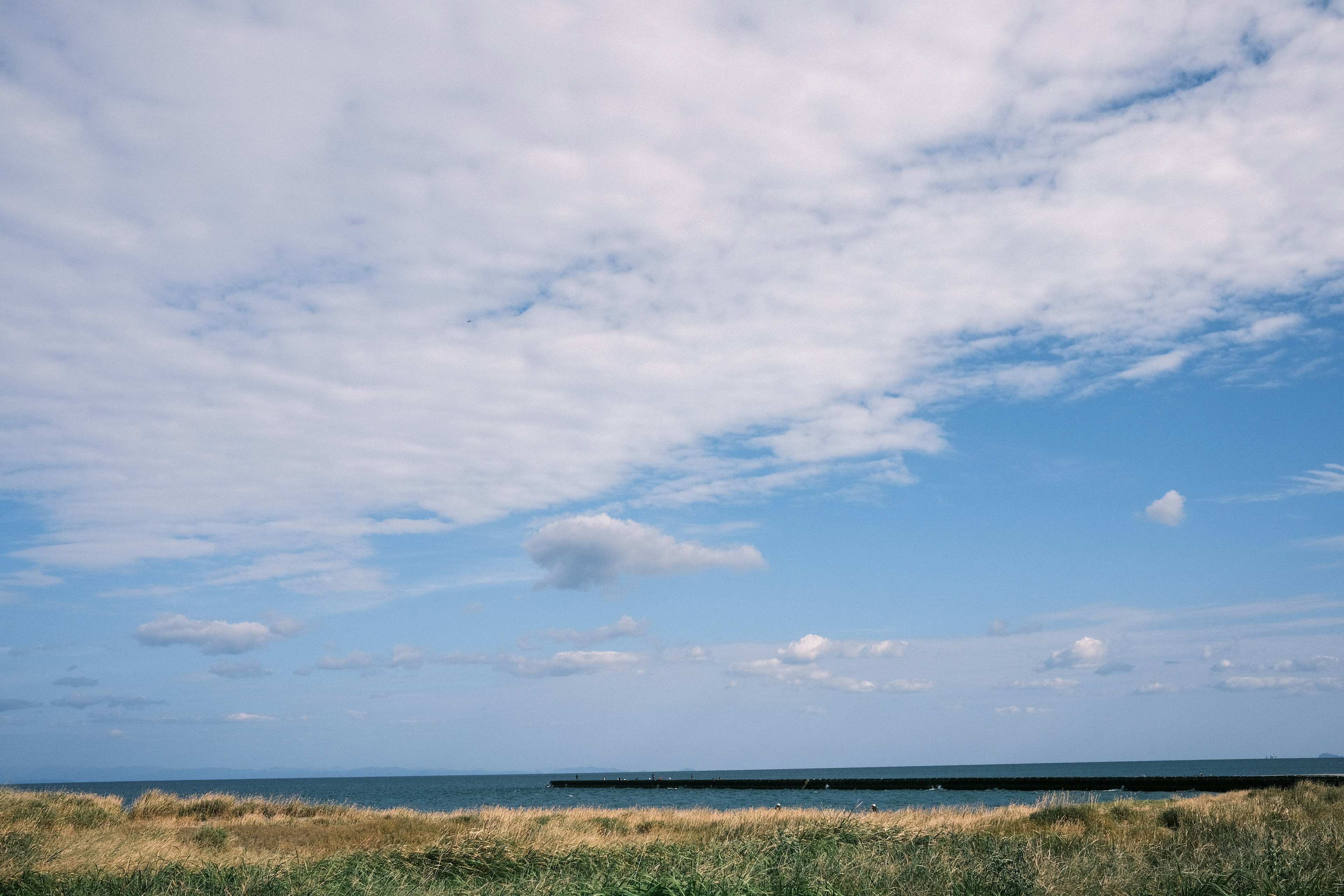 Scenic view of blue sky and clouds over the sea with sandy beach and grassland