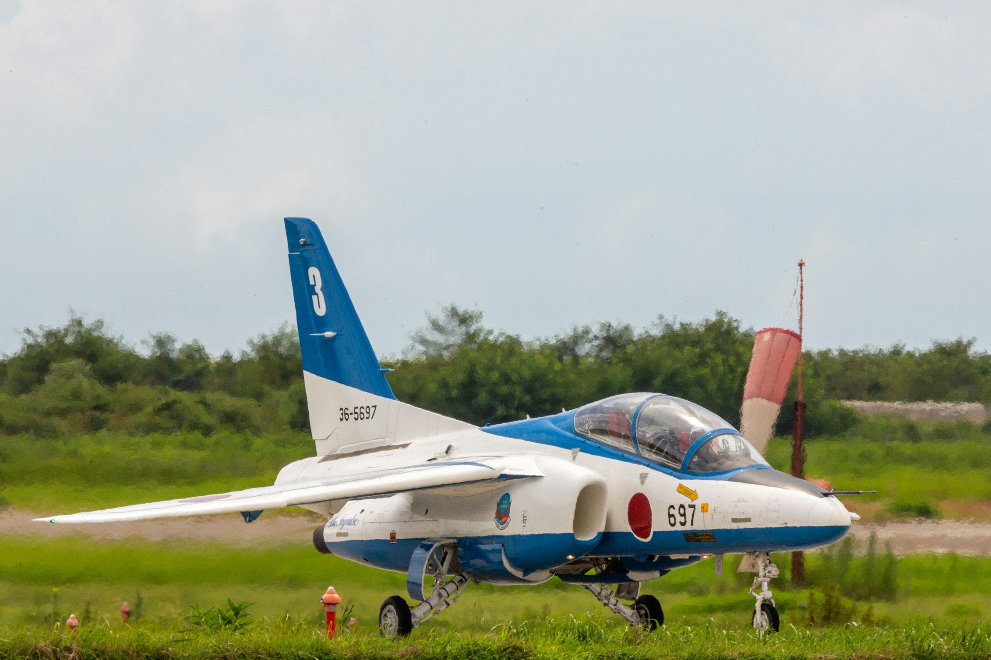 Japanisches Flugzeug auf der Landebahn mit blauer und weißer Lackierung