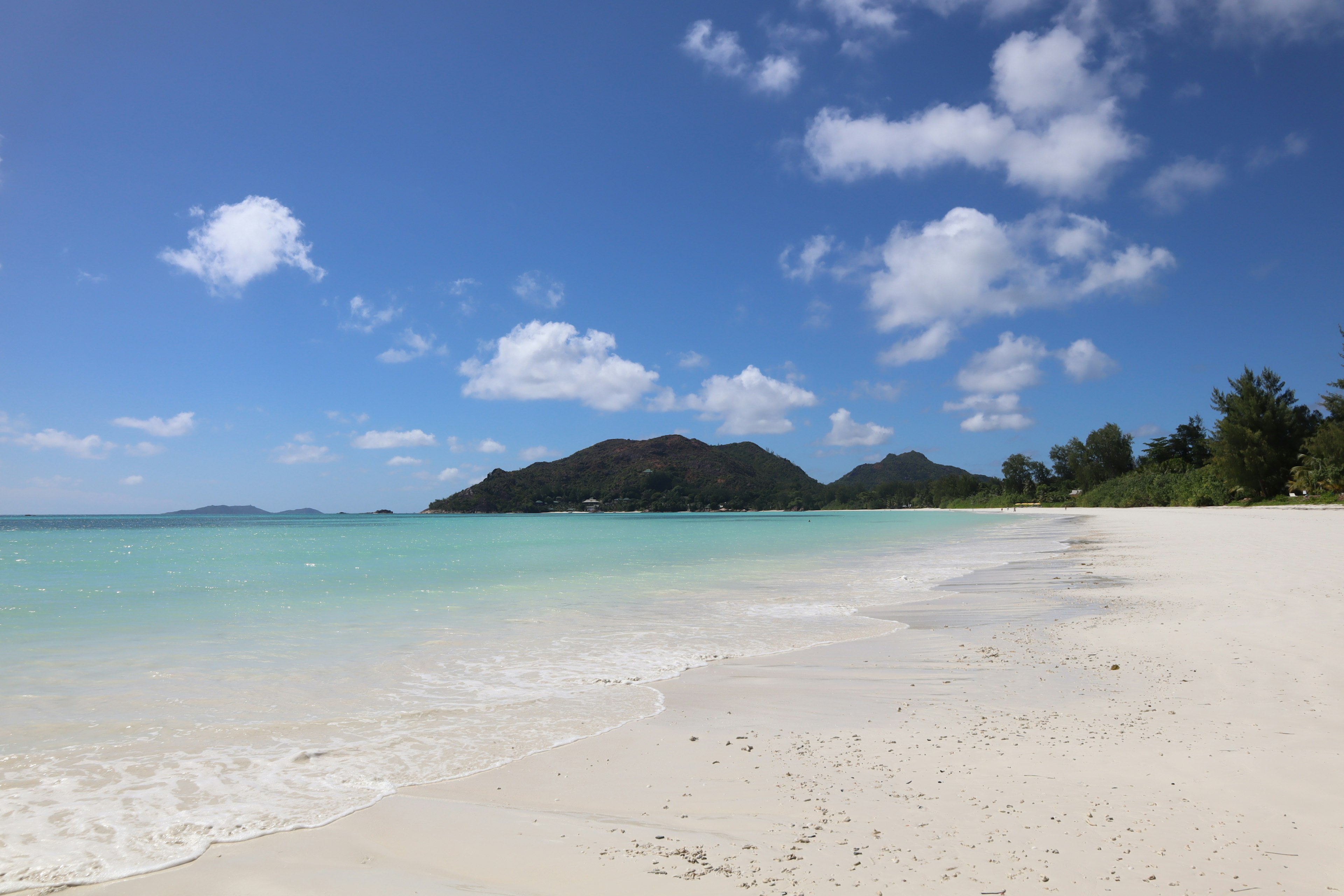 Scenic beach view with blue sky white sand turquoise water and green trees