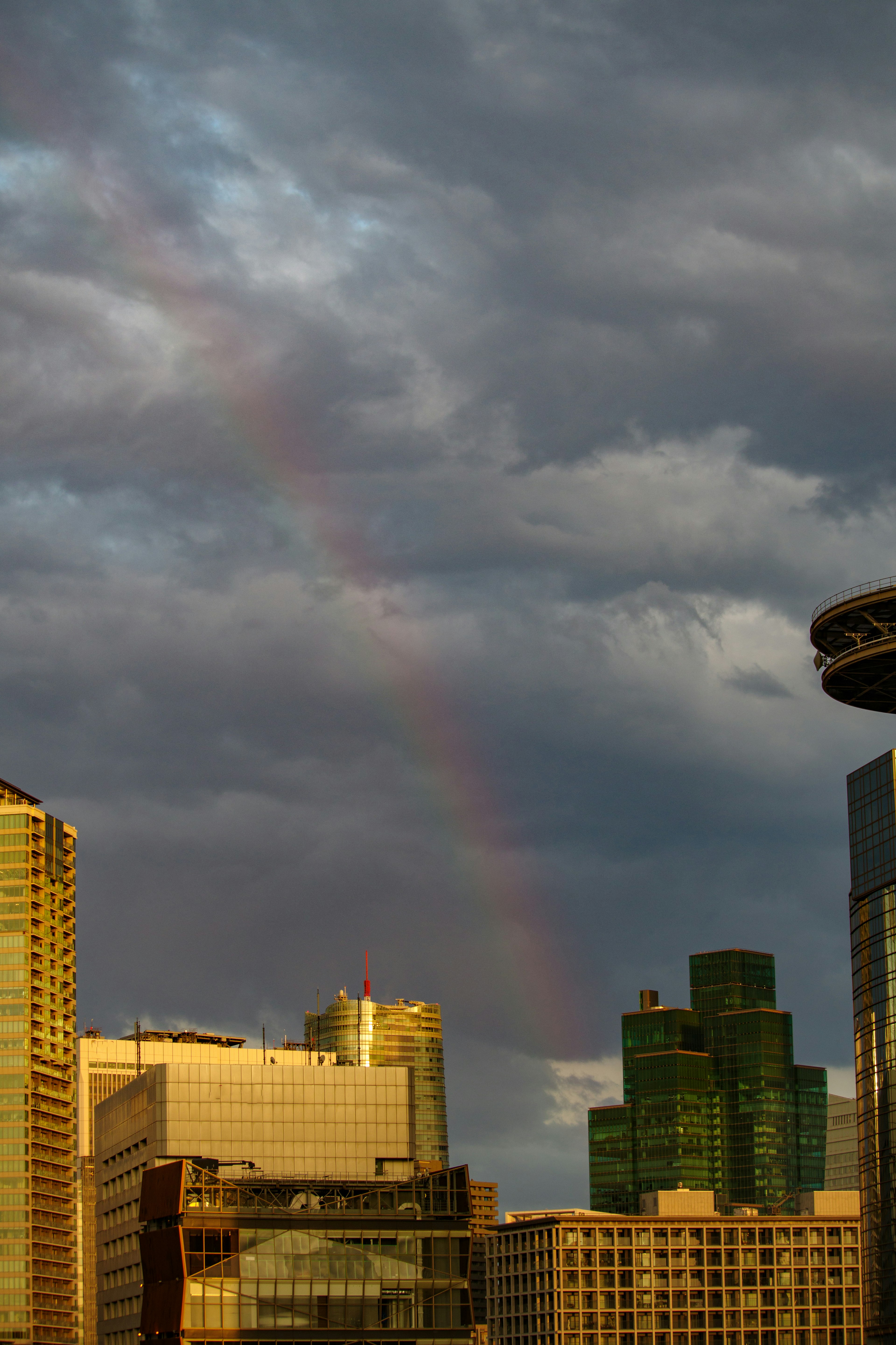 City skyline with skyscrapers under dark clouds featuring a rainbow