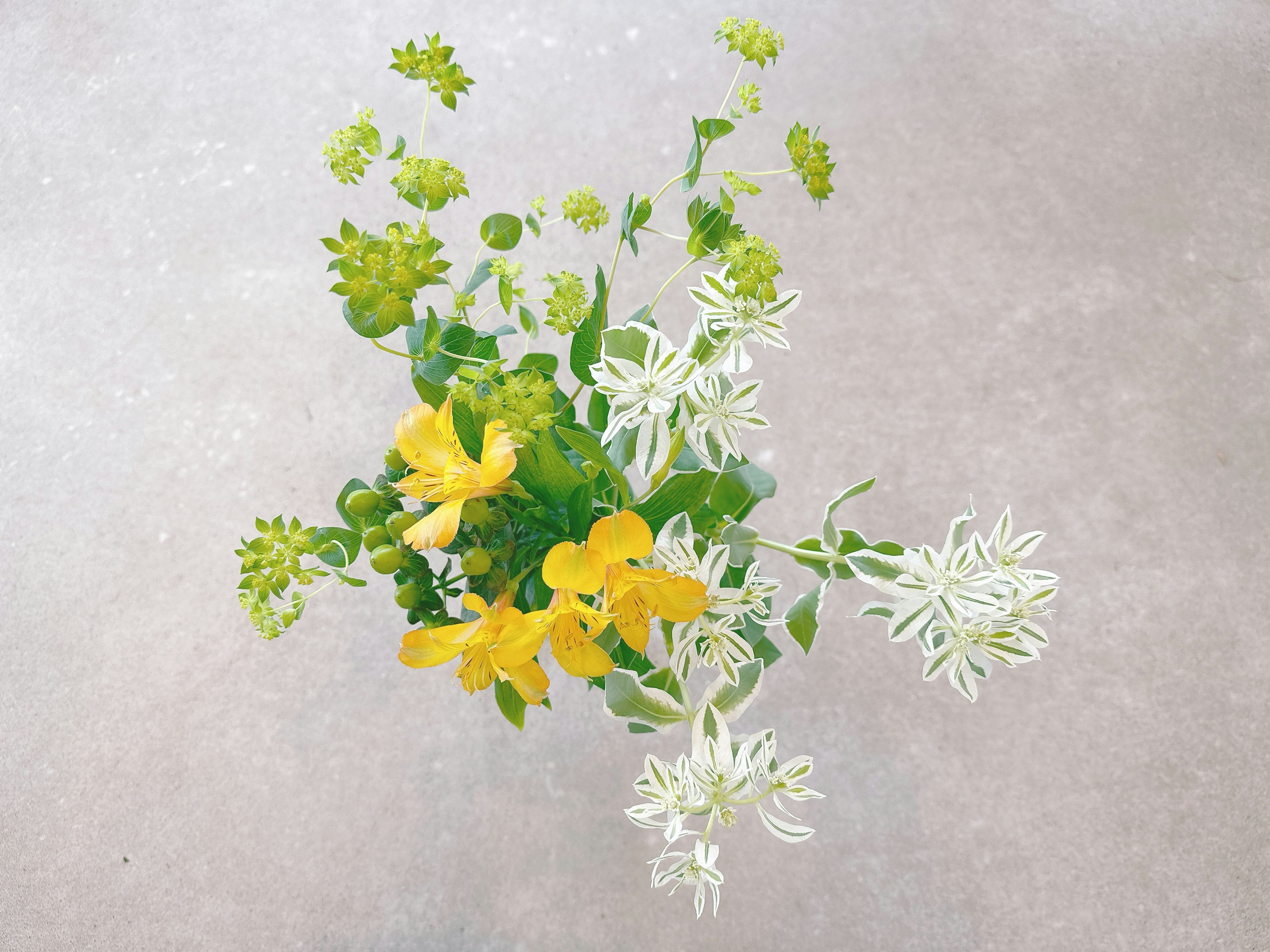 A beautiful bouquet of mixed green and yellow flowers