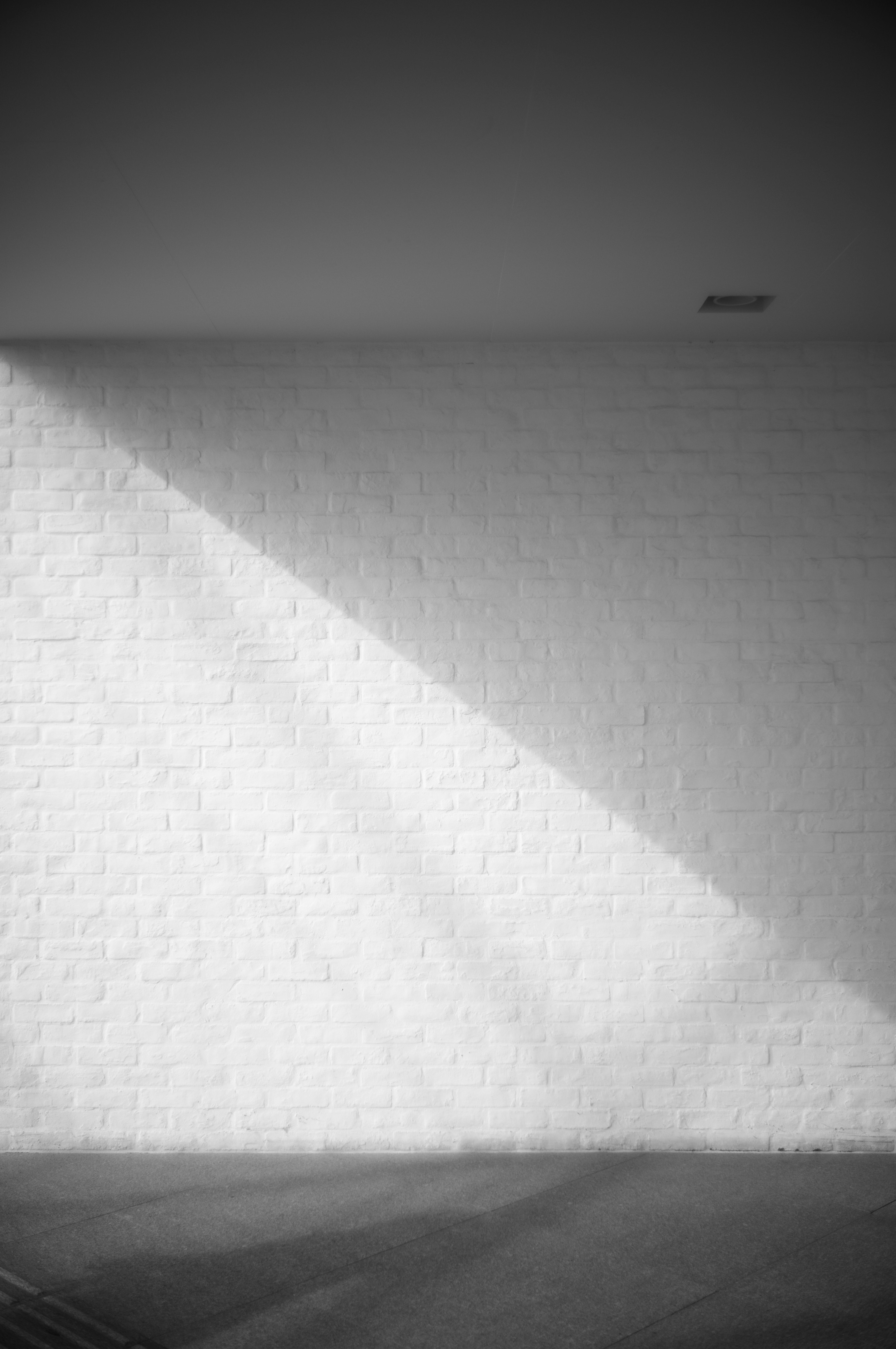 Diagonal light shadow on a textured white wall in black and white