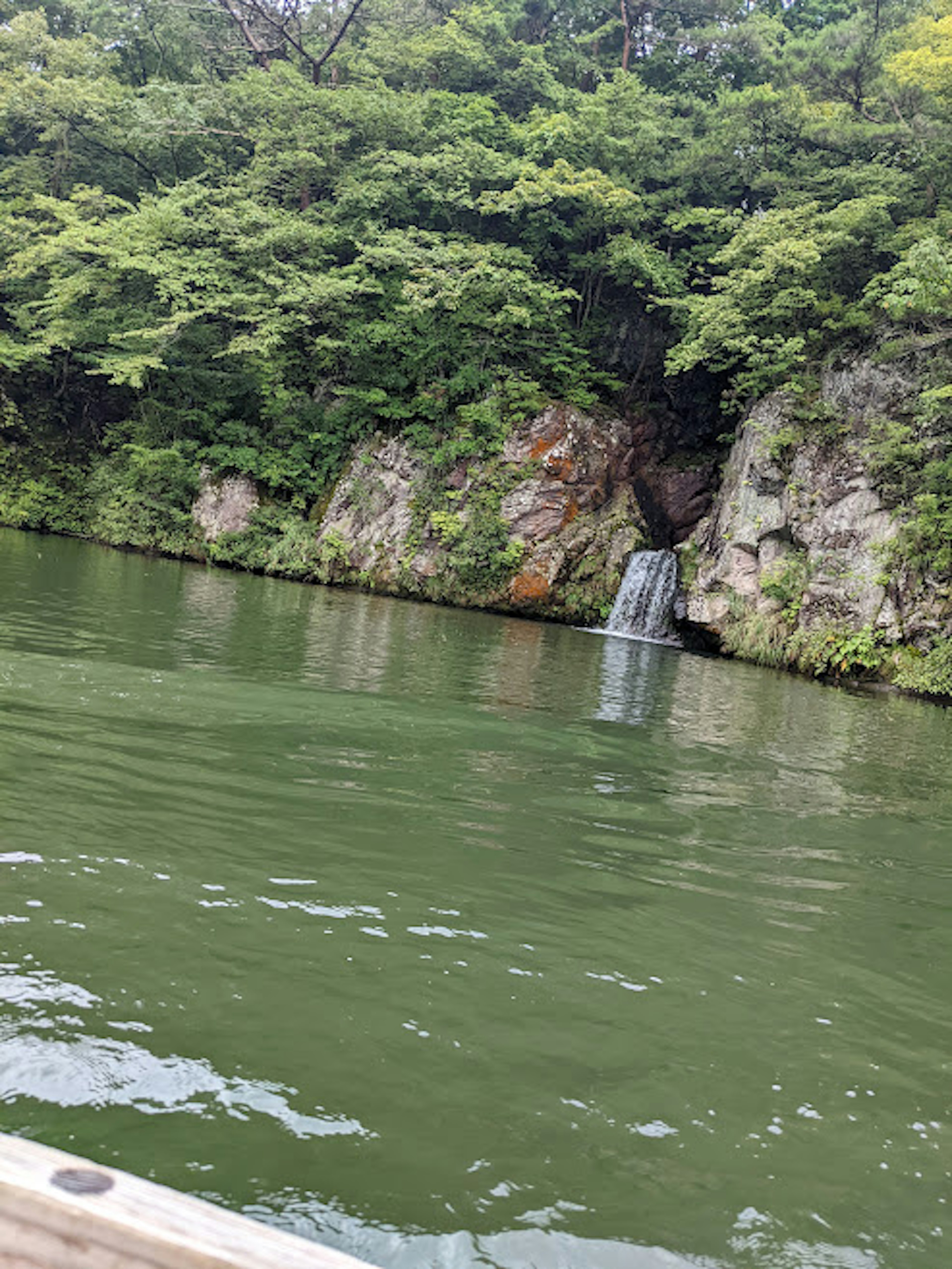 Ruhiger See umgeben von üppigem Grün und einem kleinen Wasserfall