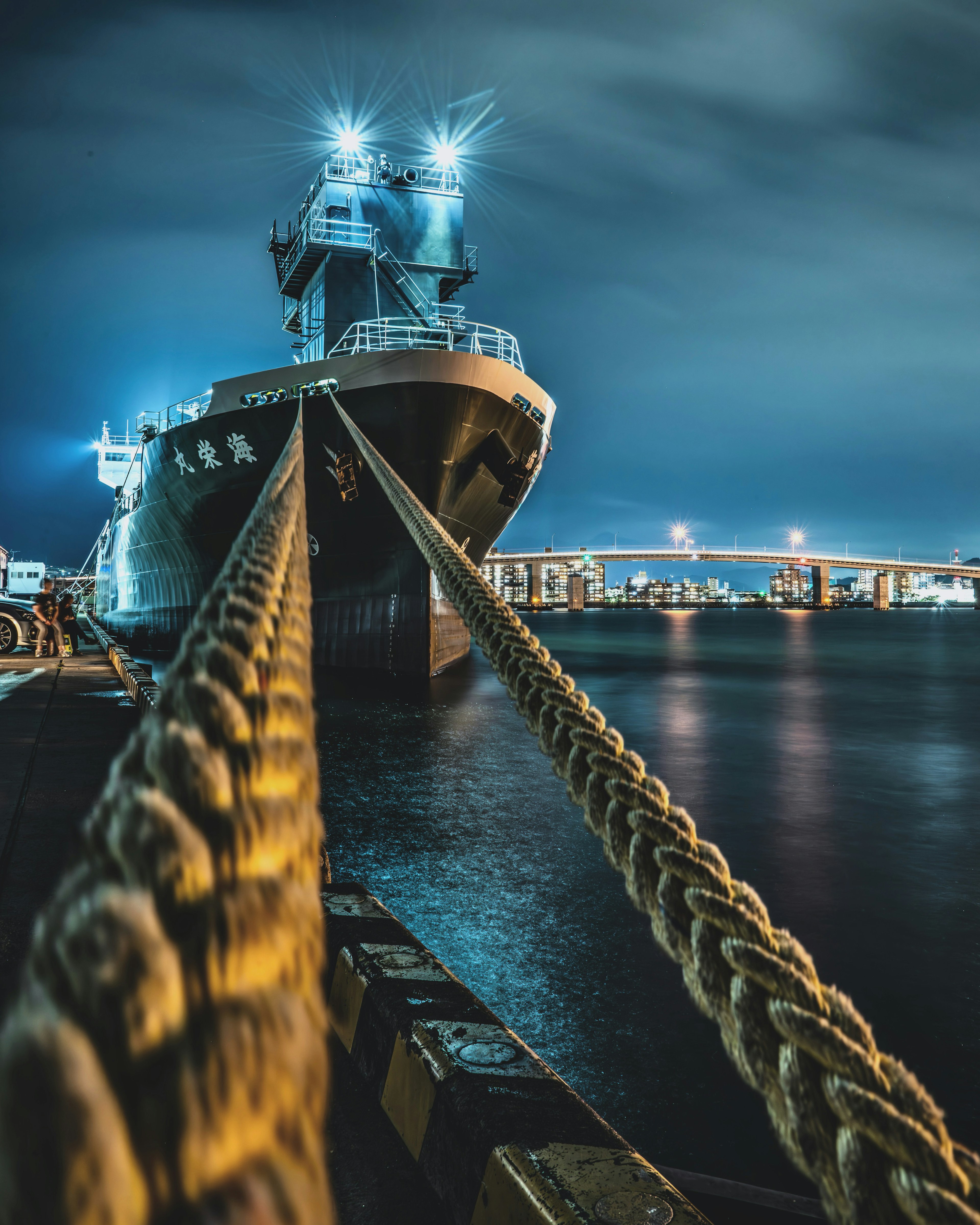 Close-up of a ship docked at night with thick ropes