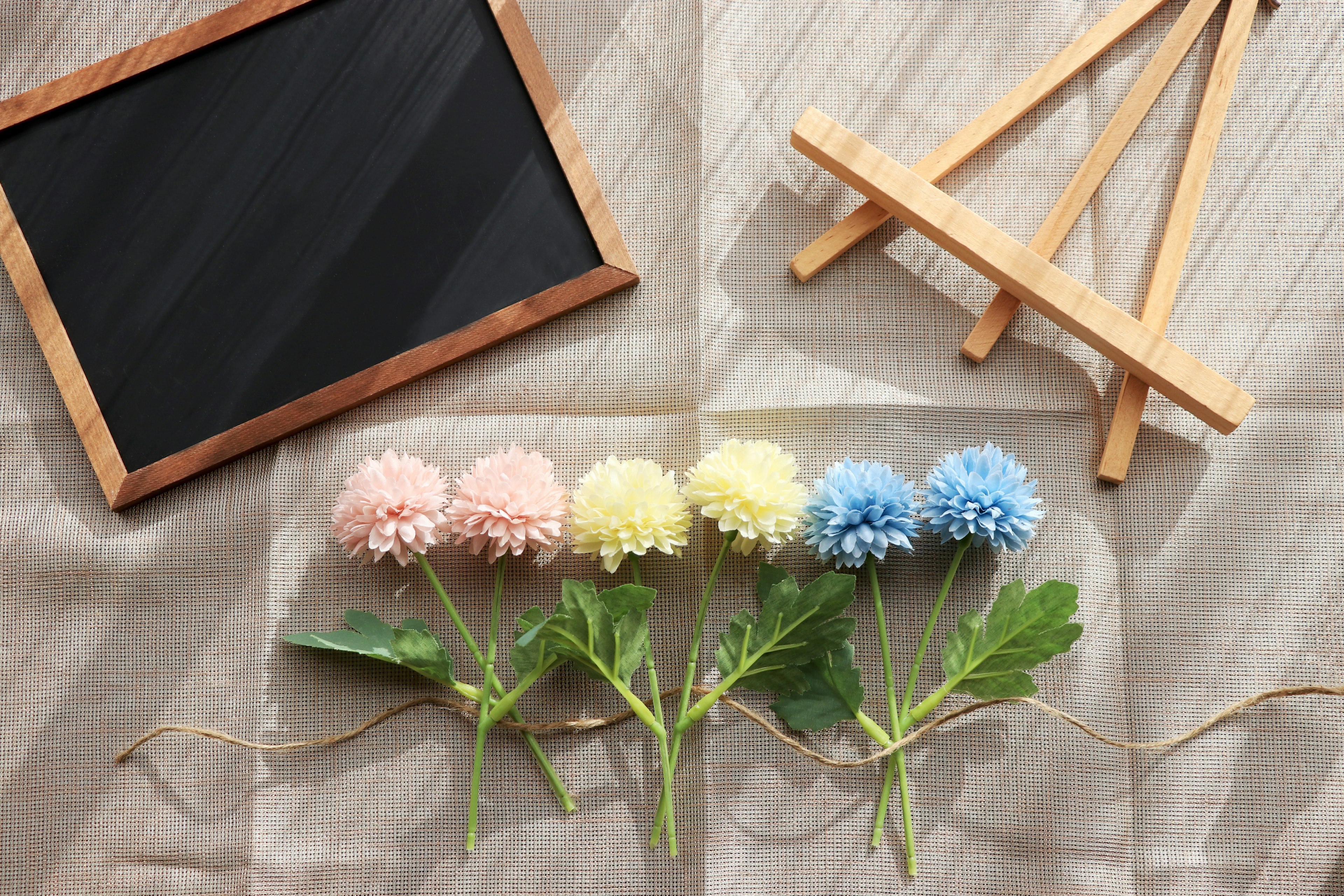 Fleurs colorées disposées avec un chevalet en bois et un tableau noir