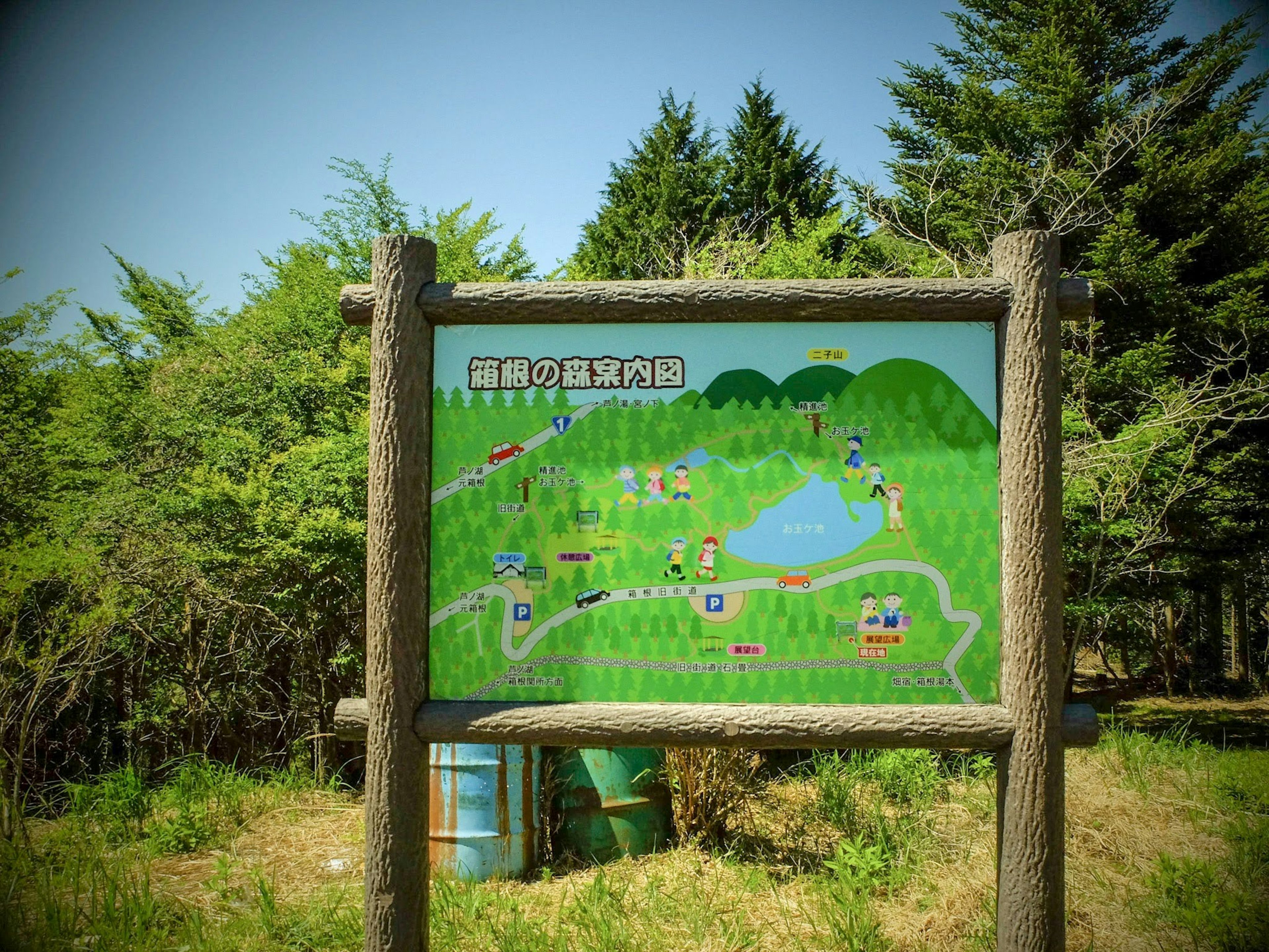 Map sign surrounded by greenery depicting a lake and facilities