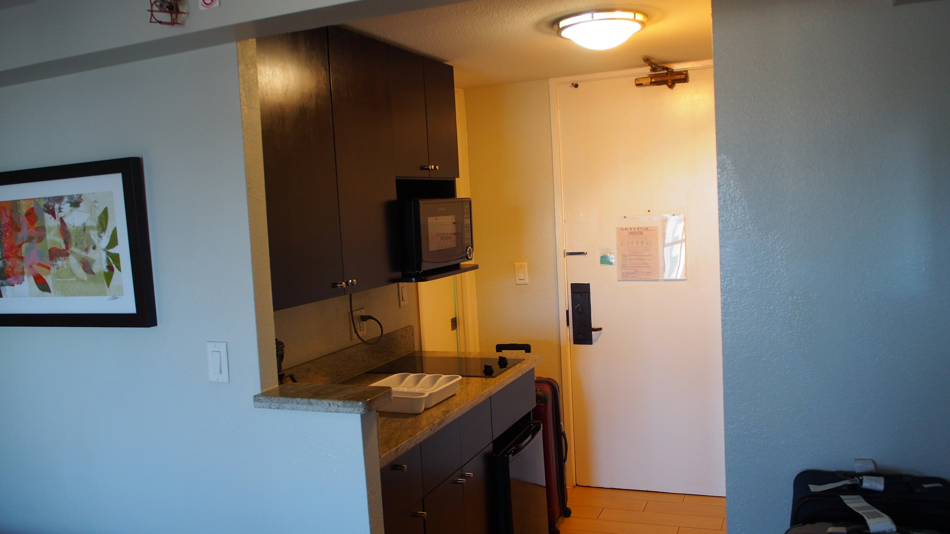 Corner of a hotel room featuring a kitchenette and door