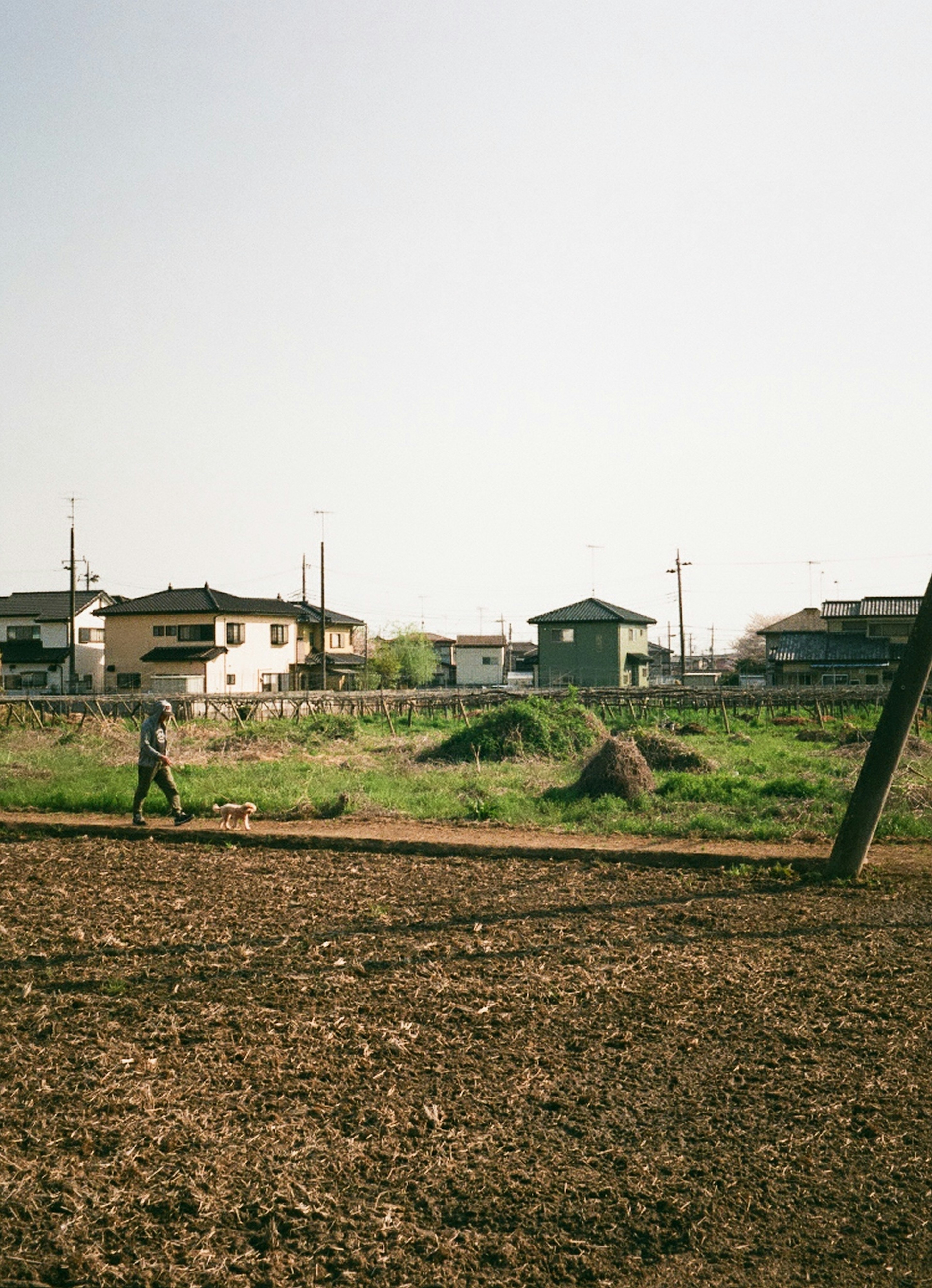 Imagen de una persona trabajando en un paisaje rural con casas y tierras agrícolas