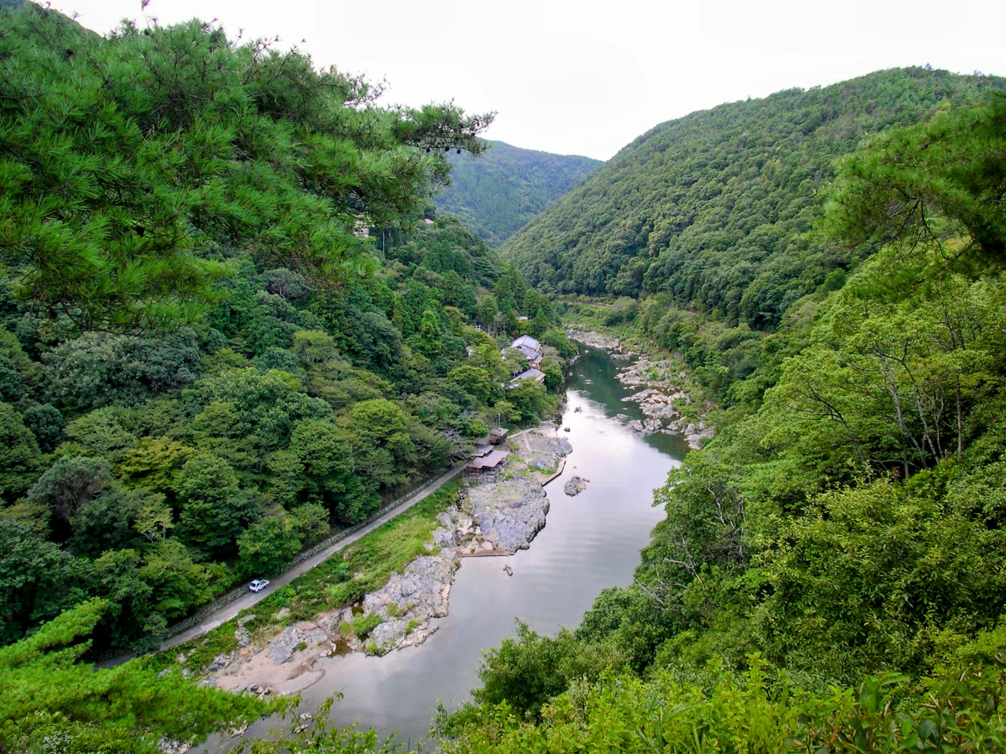 鬱鬱蔥蔥的山脈環繞著寧靜的河流風景