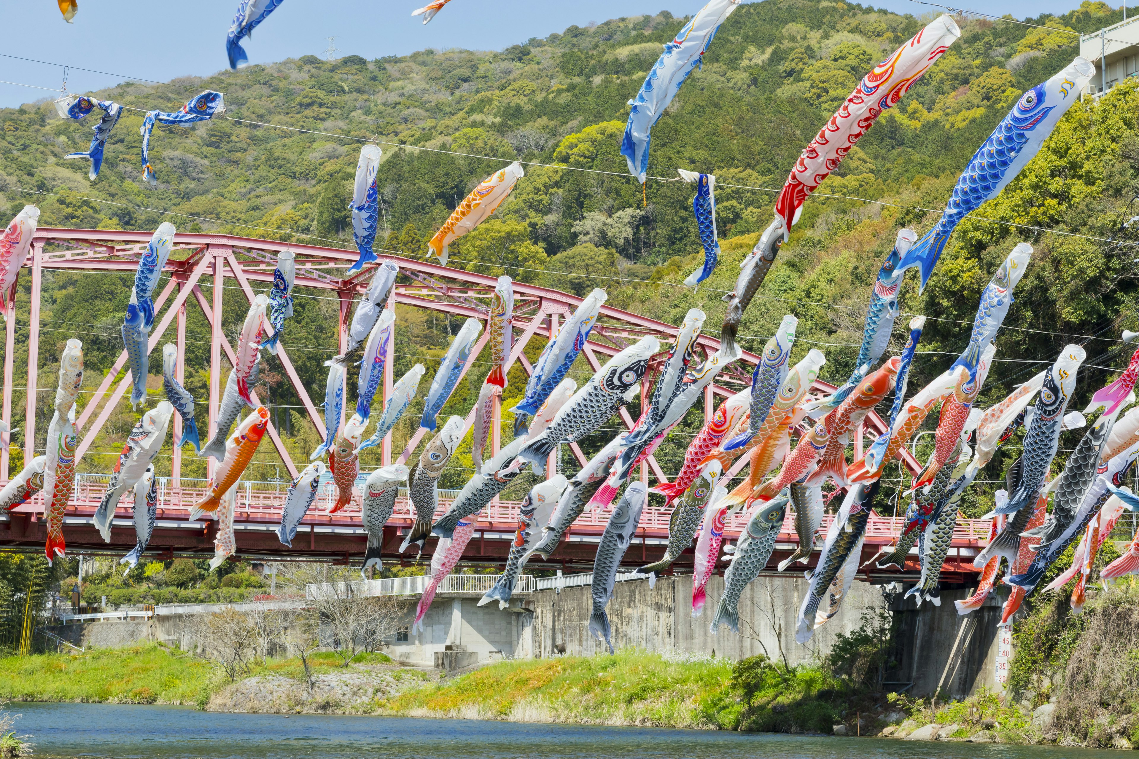 Drapeaux colorés en forme de carpes koi flottant au-dessus d'un pont pittoresque