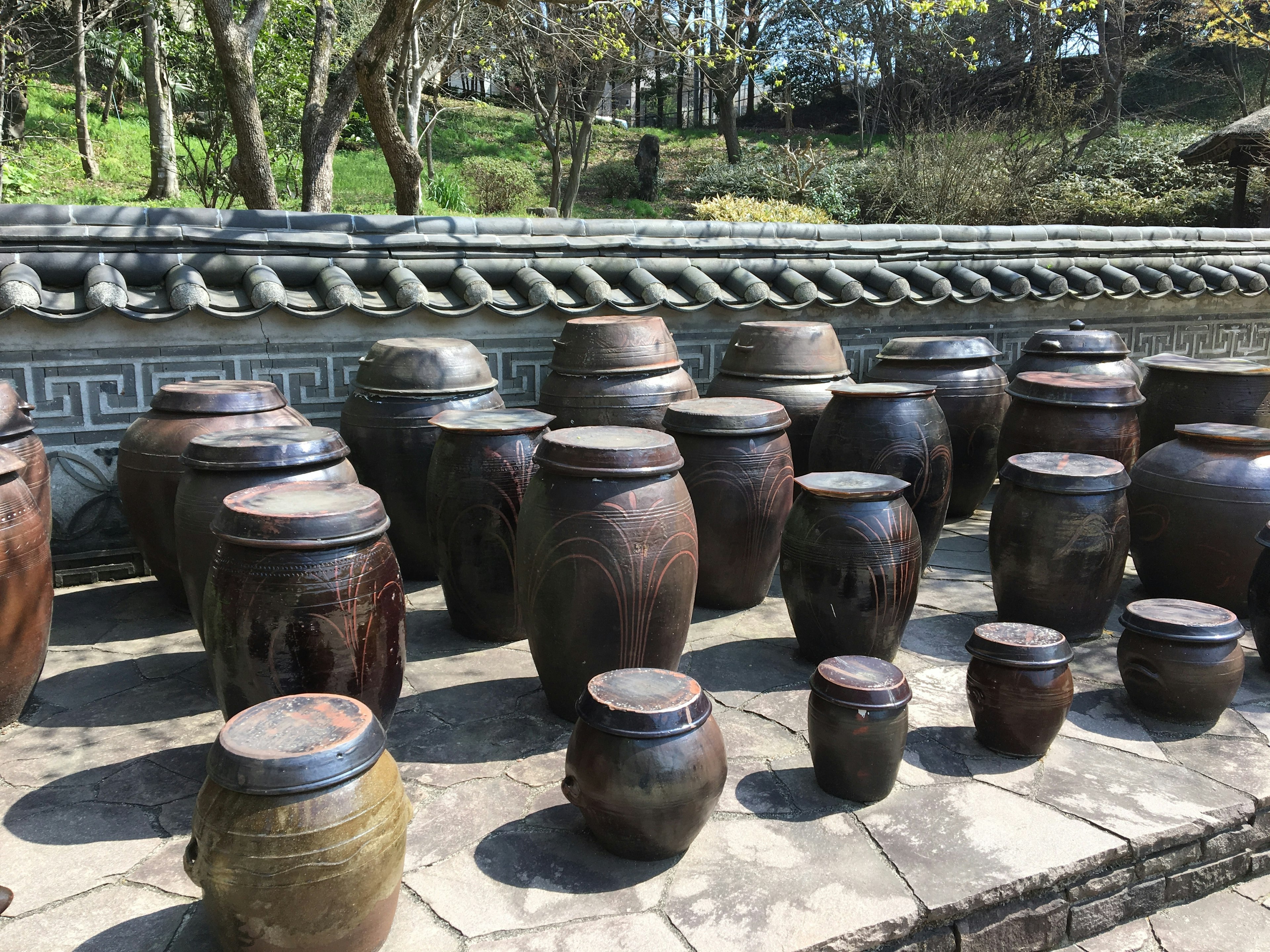 Une collection de jars en céramique traditionnelle disposée à l'extérieur