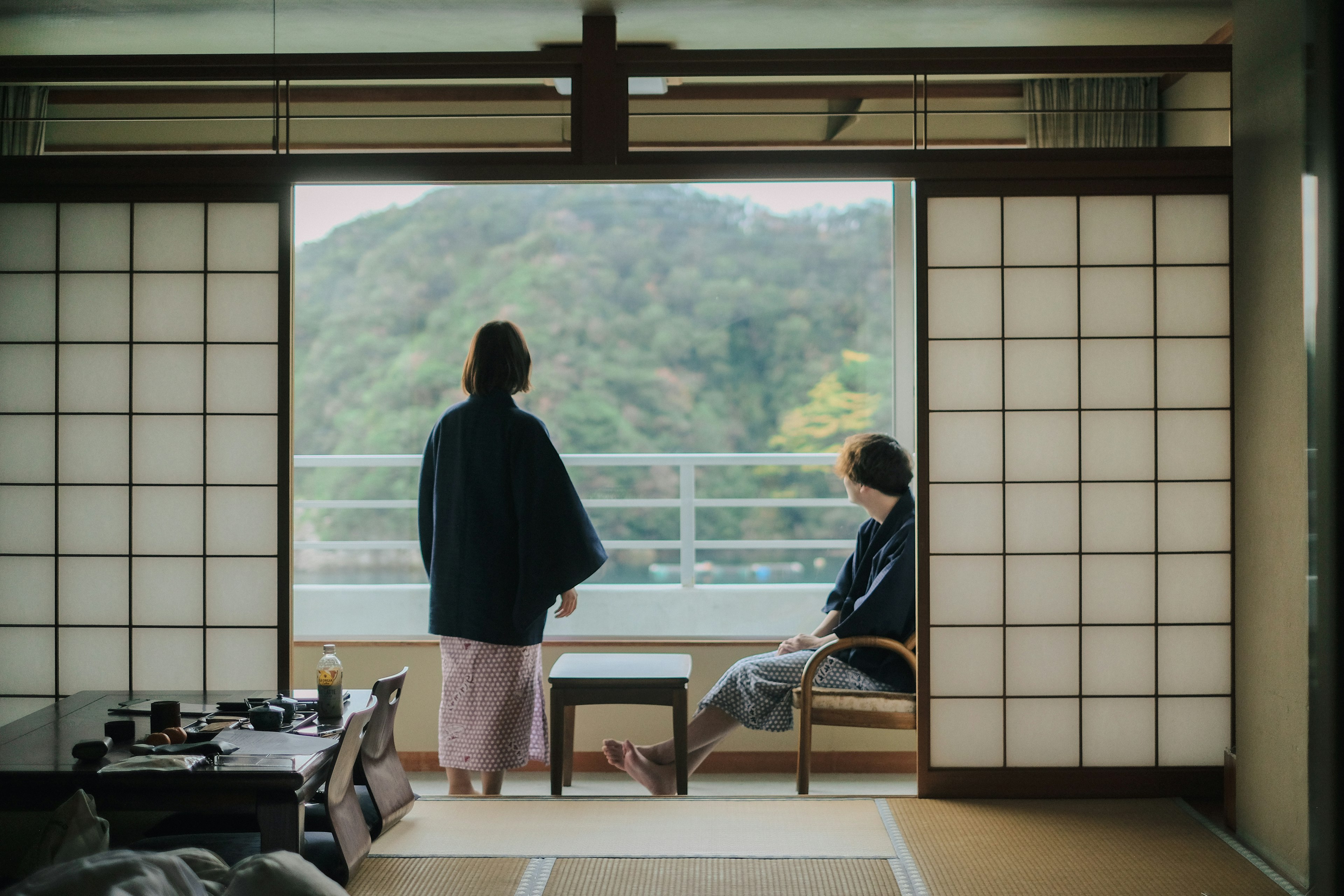 Two women relaxing in a traditional Japanese room with a beautiful mountain view