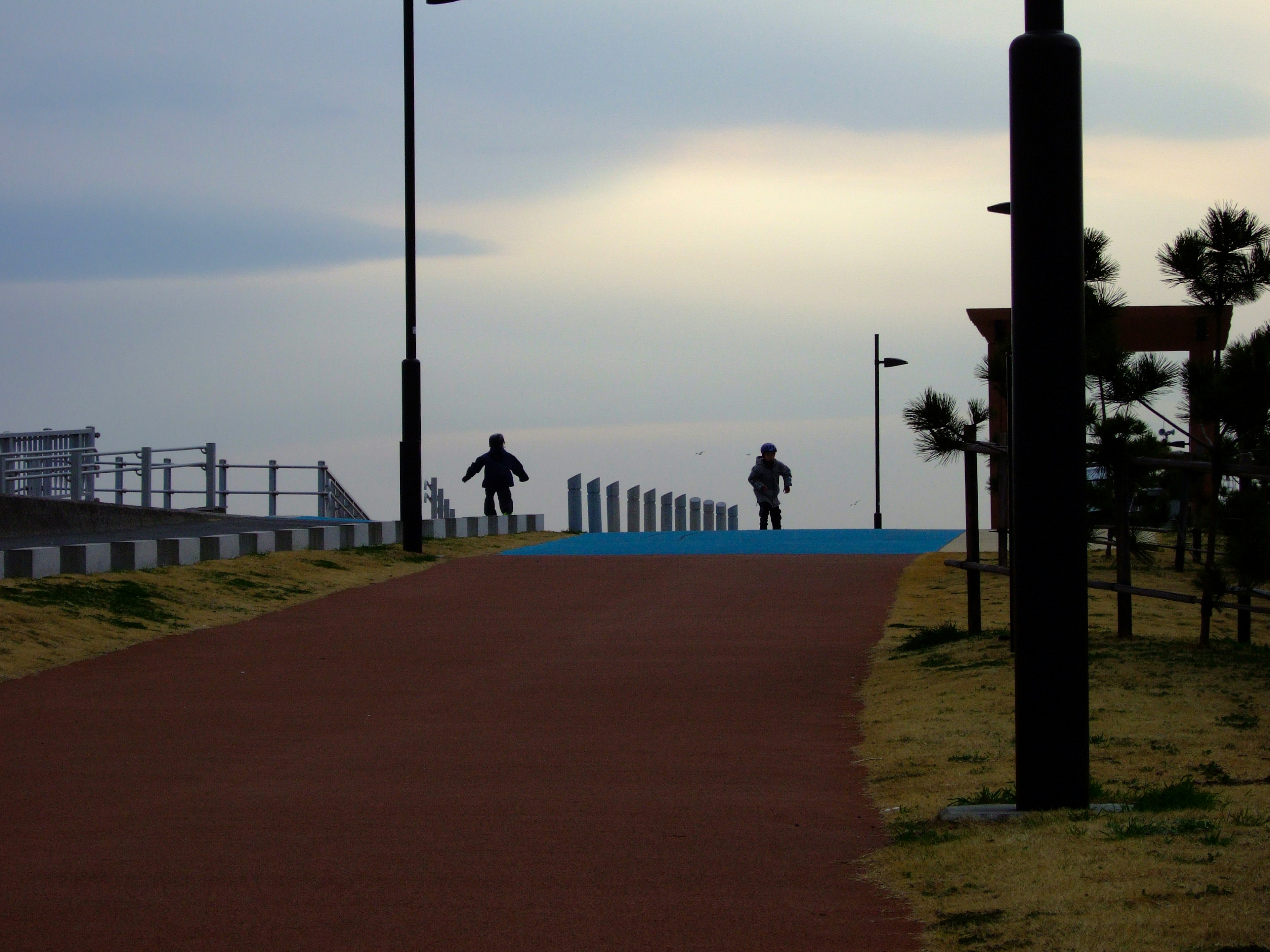 Silhouette de deux personnes courant sur un chemin de parc