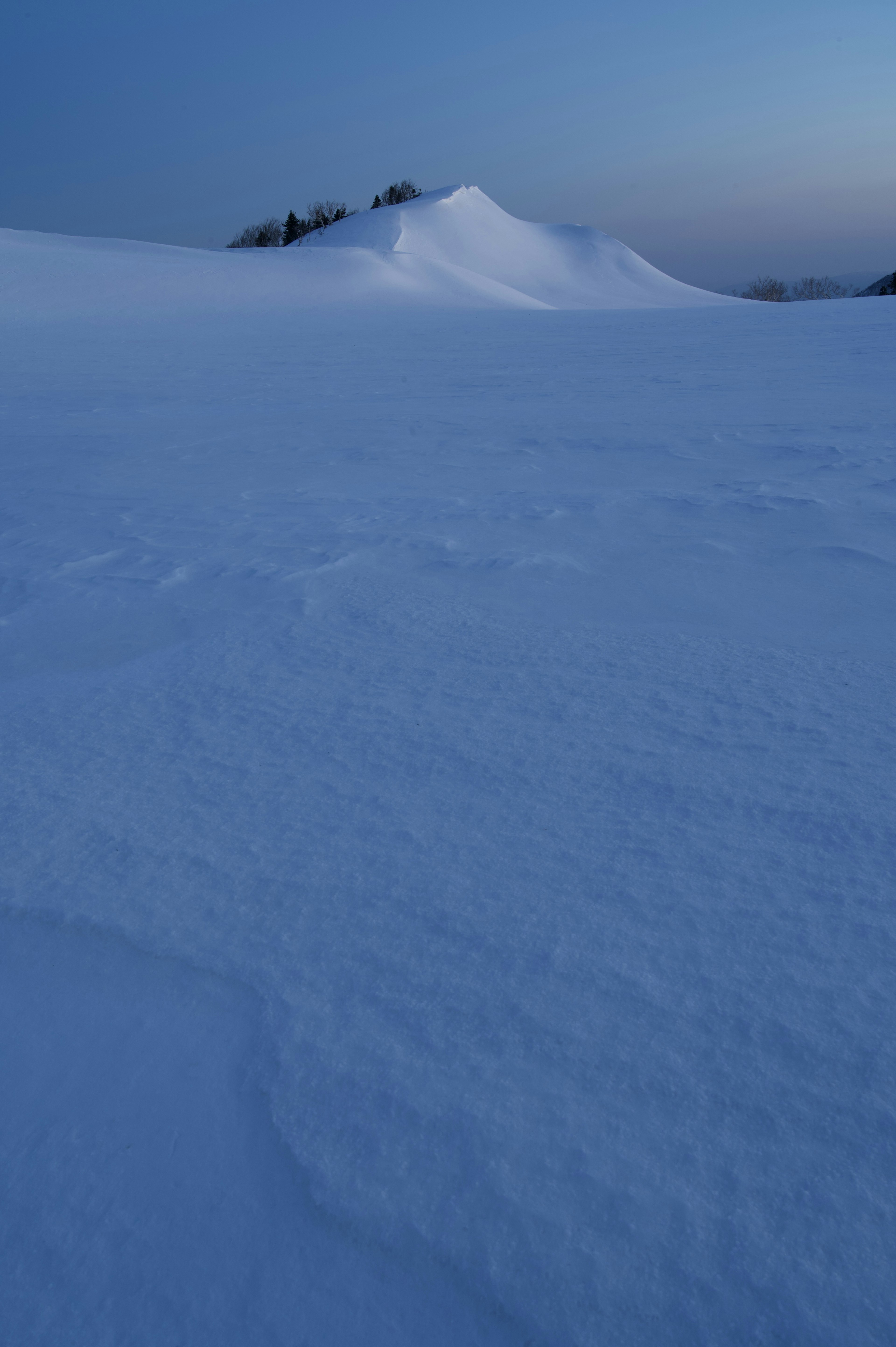 雪に覆われた丘と淡い青い空の風景