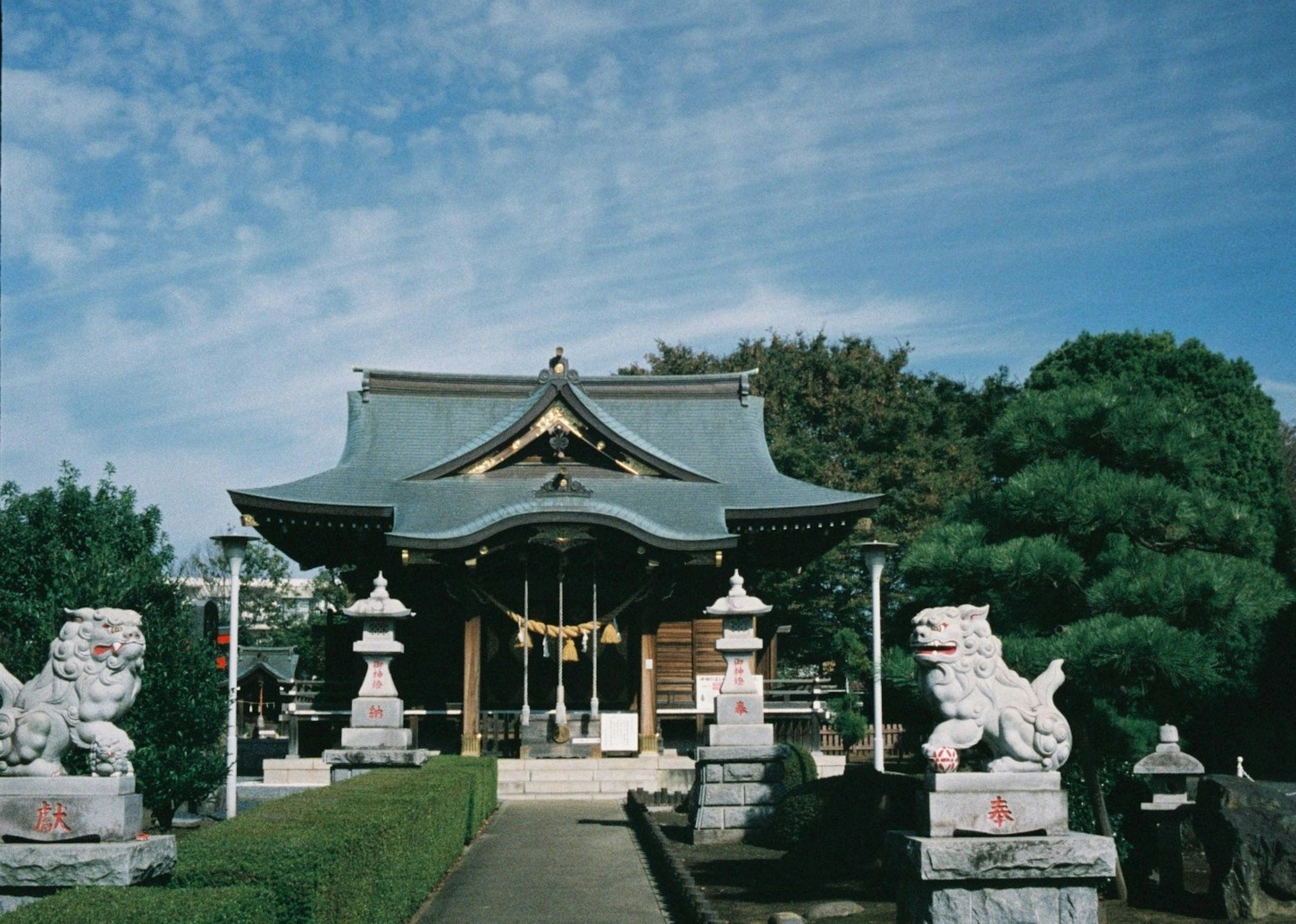 神社の伝統的な屋根と石の狛犬が特徴的な景観