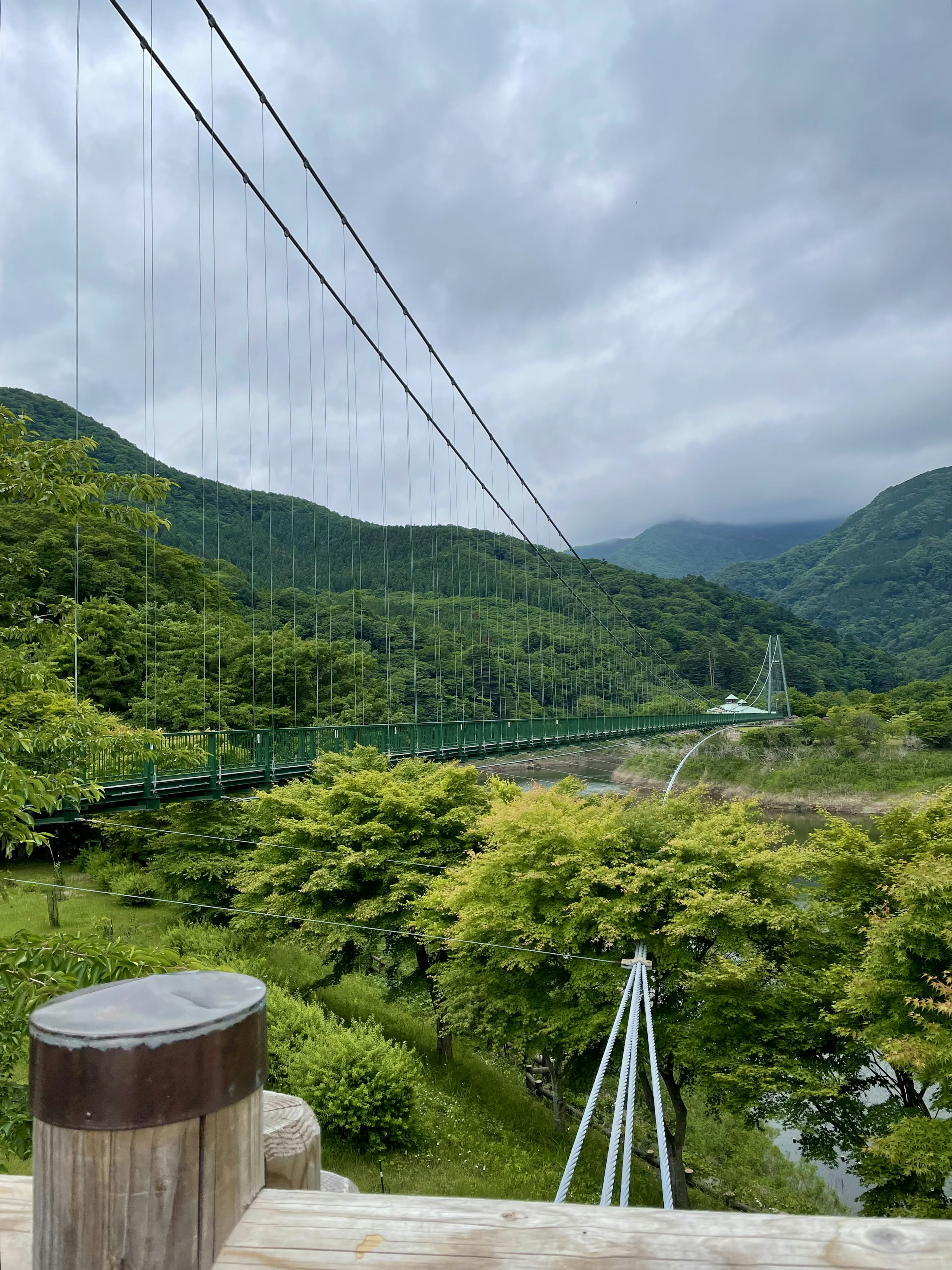 緑豊かな山々の間に架かる吊り橋の風景