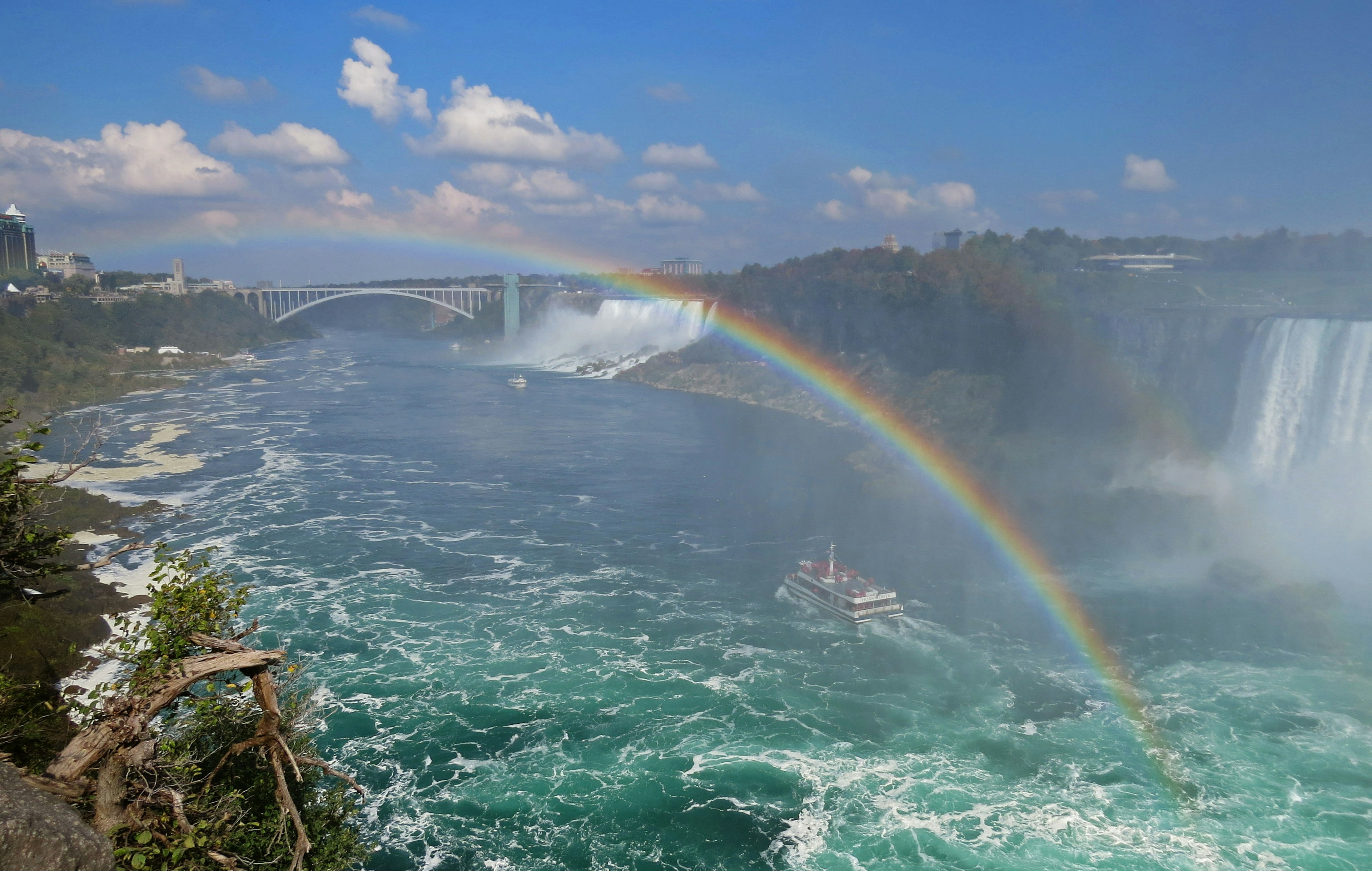 Scenic view of Niagara Falls with a rainbow over the river