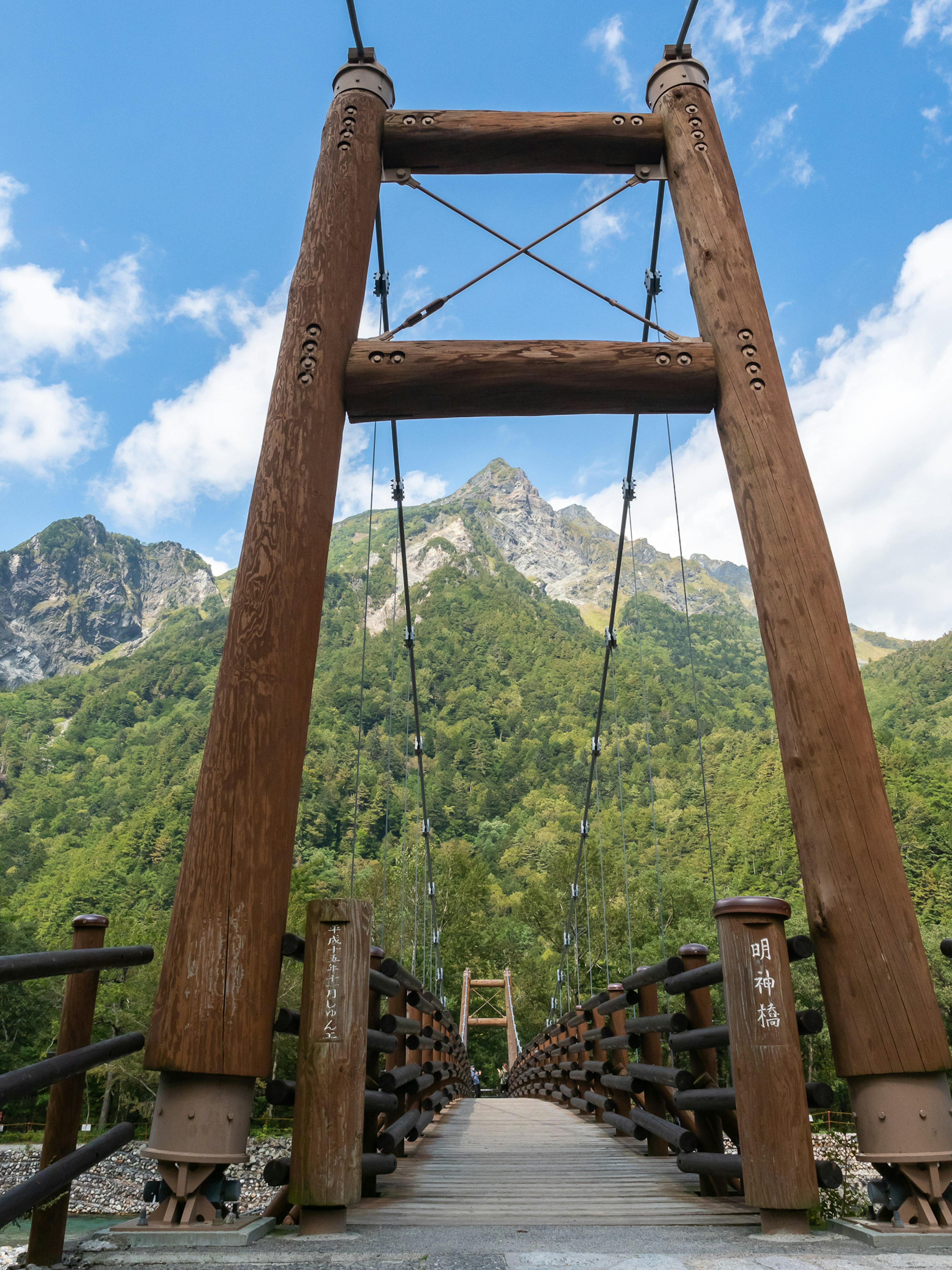 Wooden suspension bridge with lush green mountains in the background