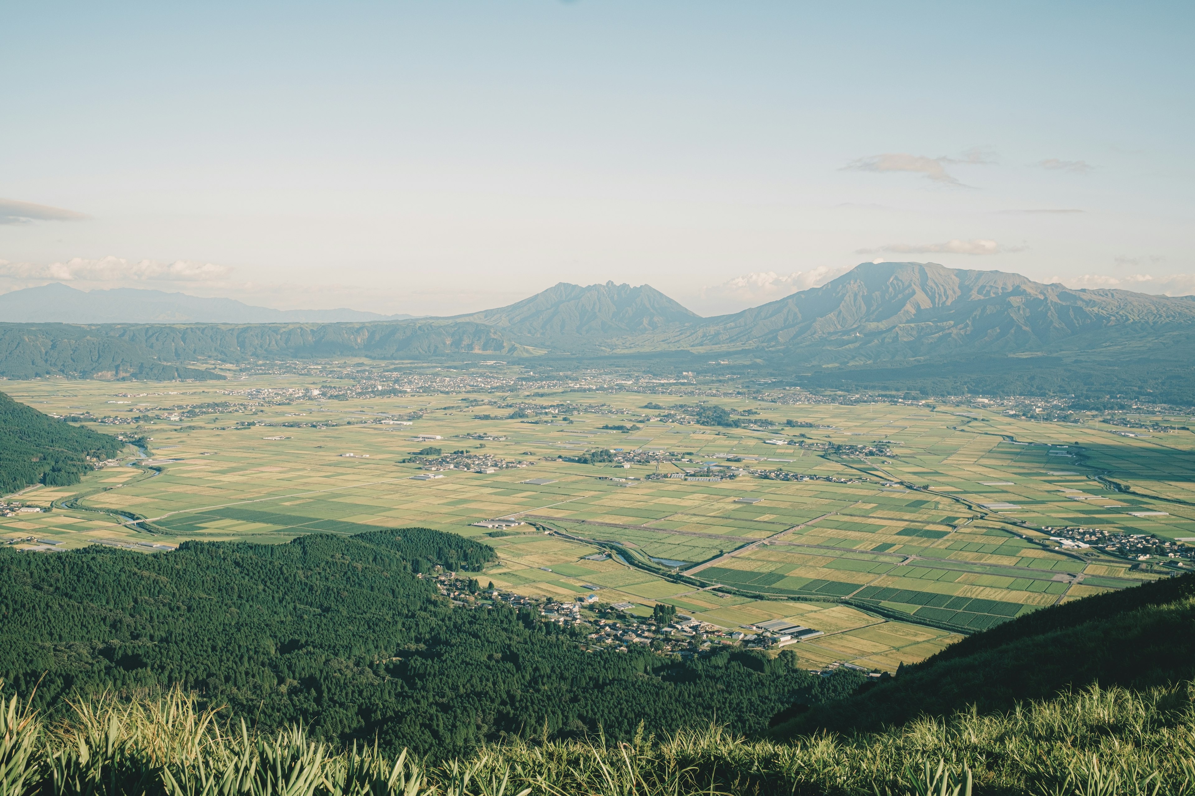 広大な草原と山々の景色のパノラマ