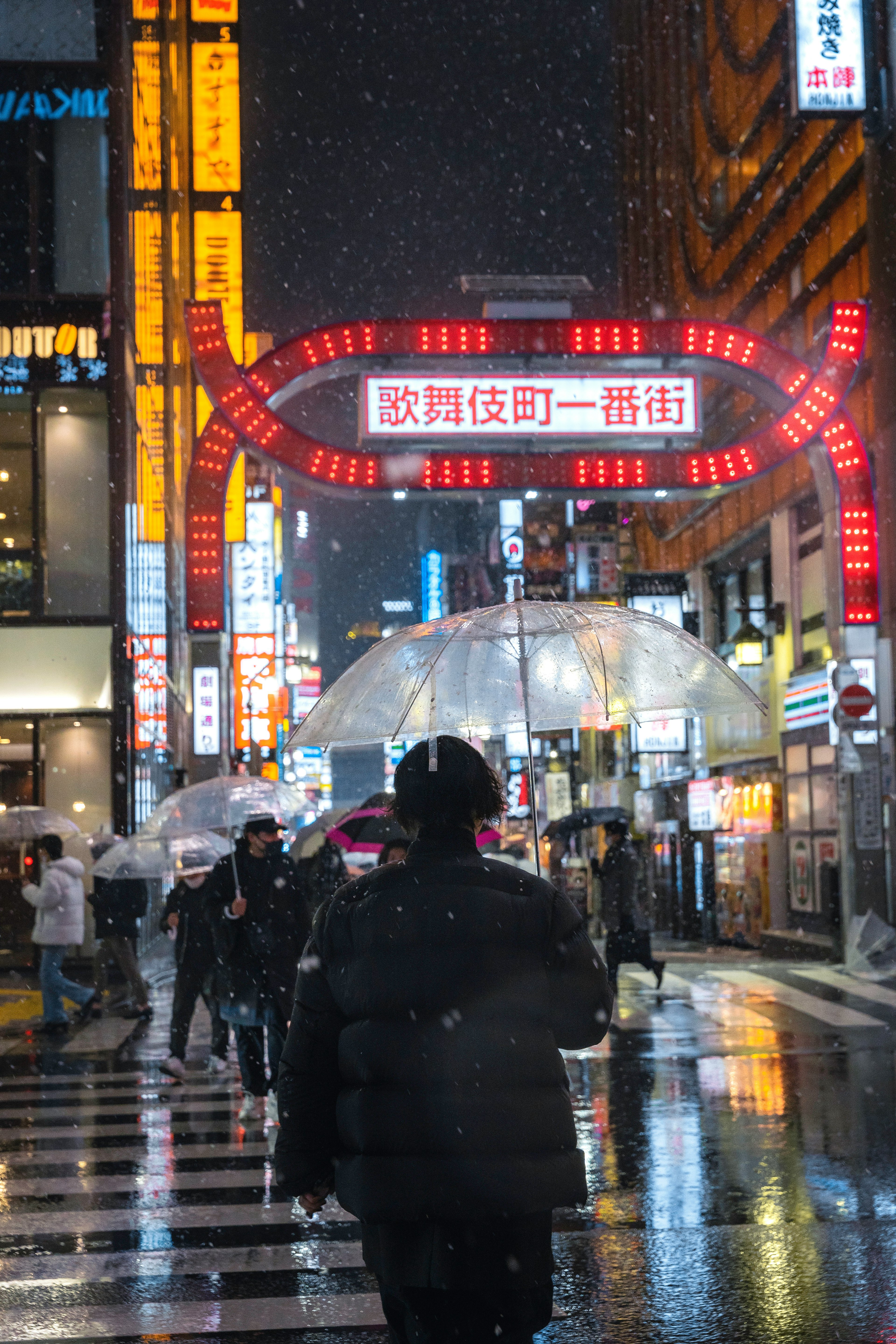 雪の降る夜の繁華街の風景で、赤いアーチの看板が目を引く