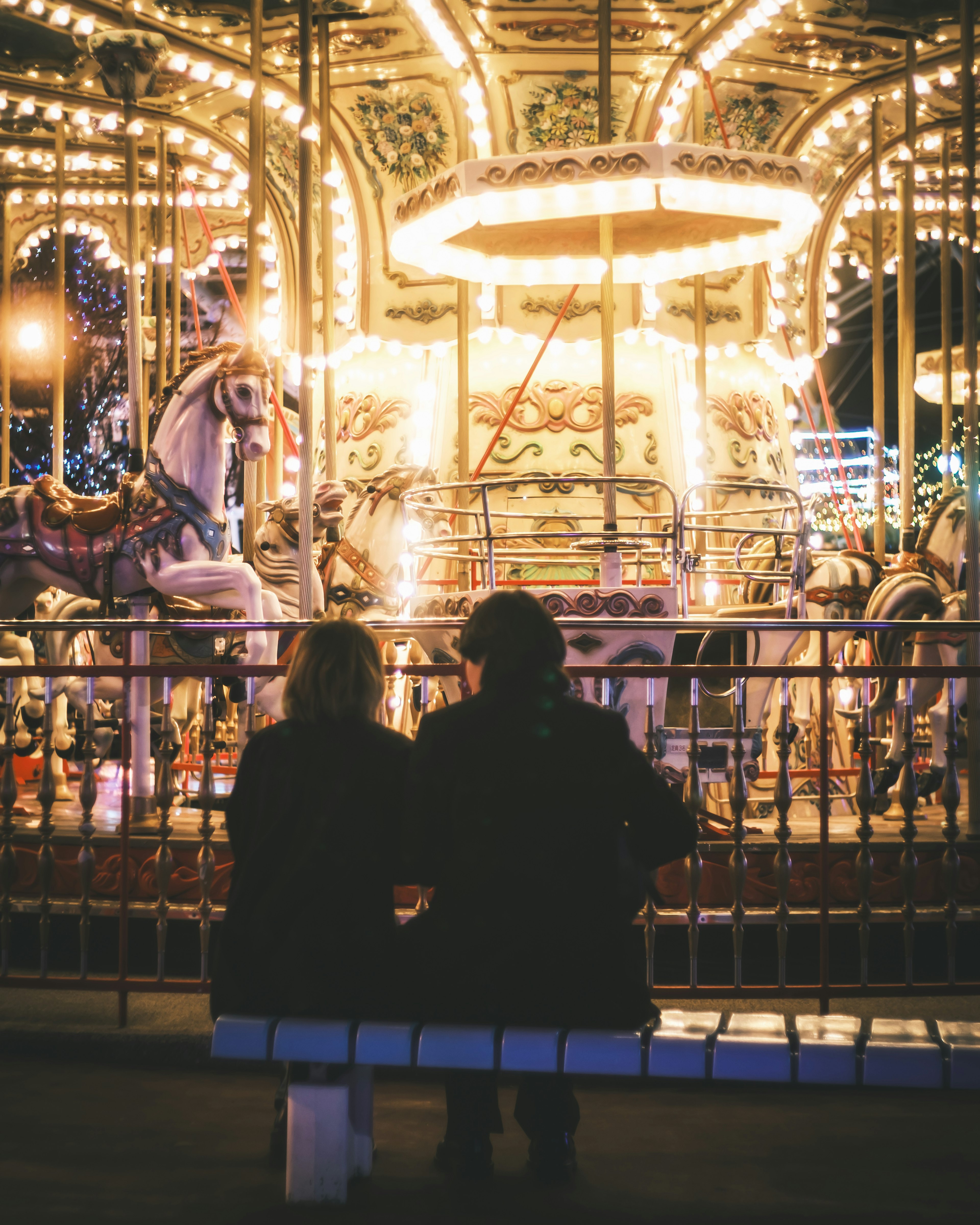 Two people sitting side by side in front of a beautifully lit carousel