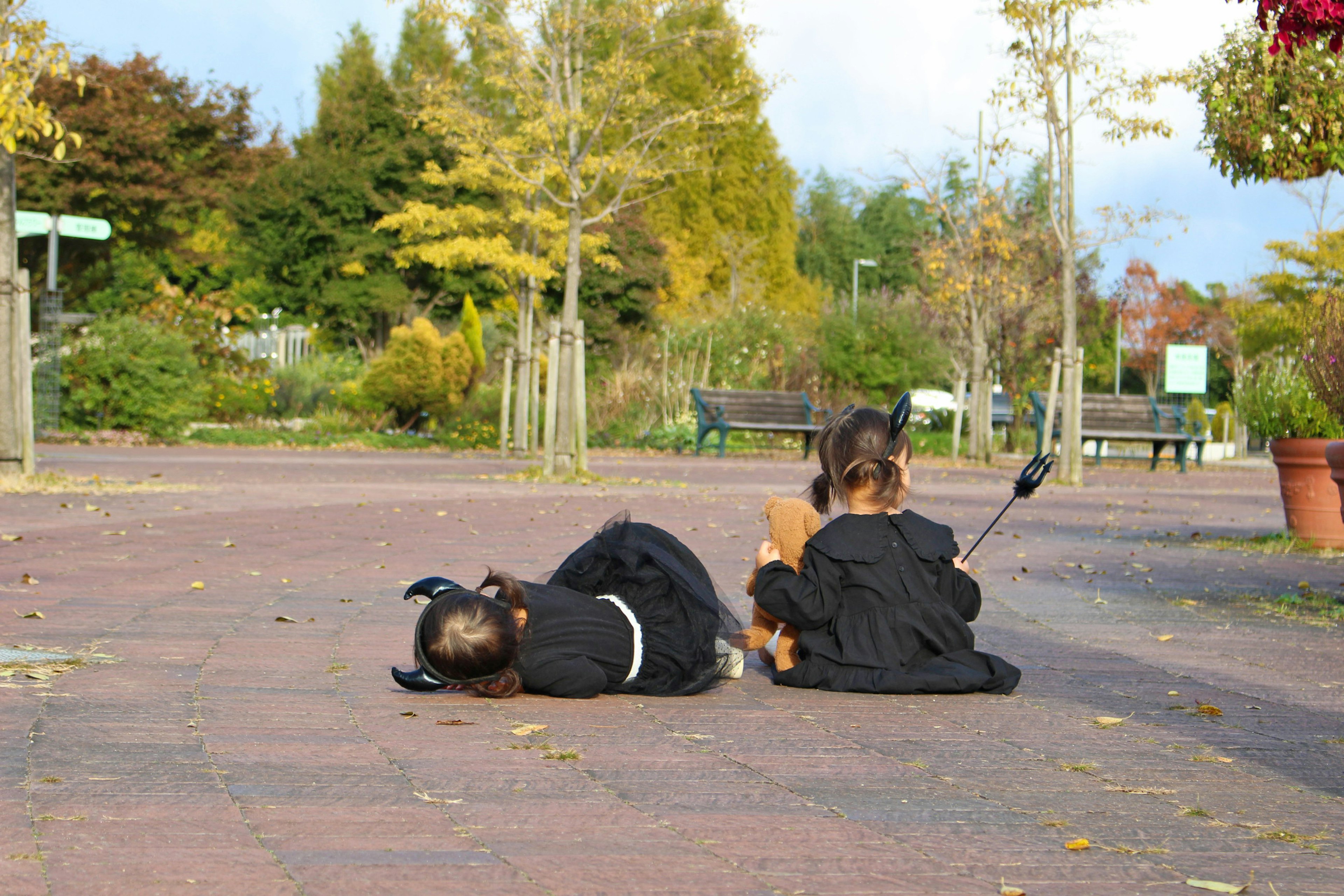 秋の公園で遊ぶ子供たちと黒い衣装の犬