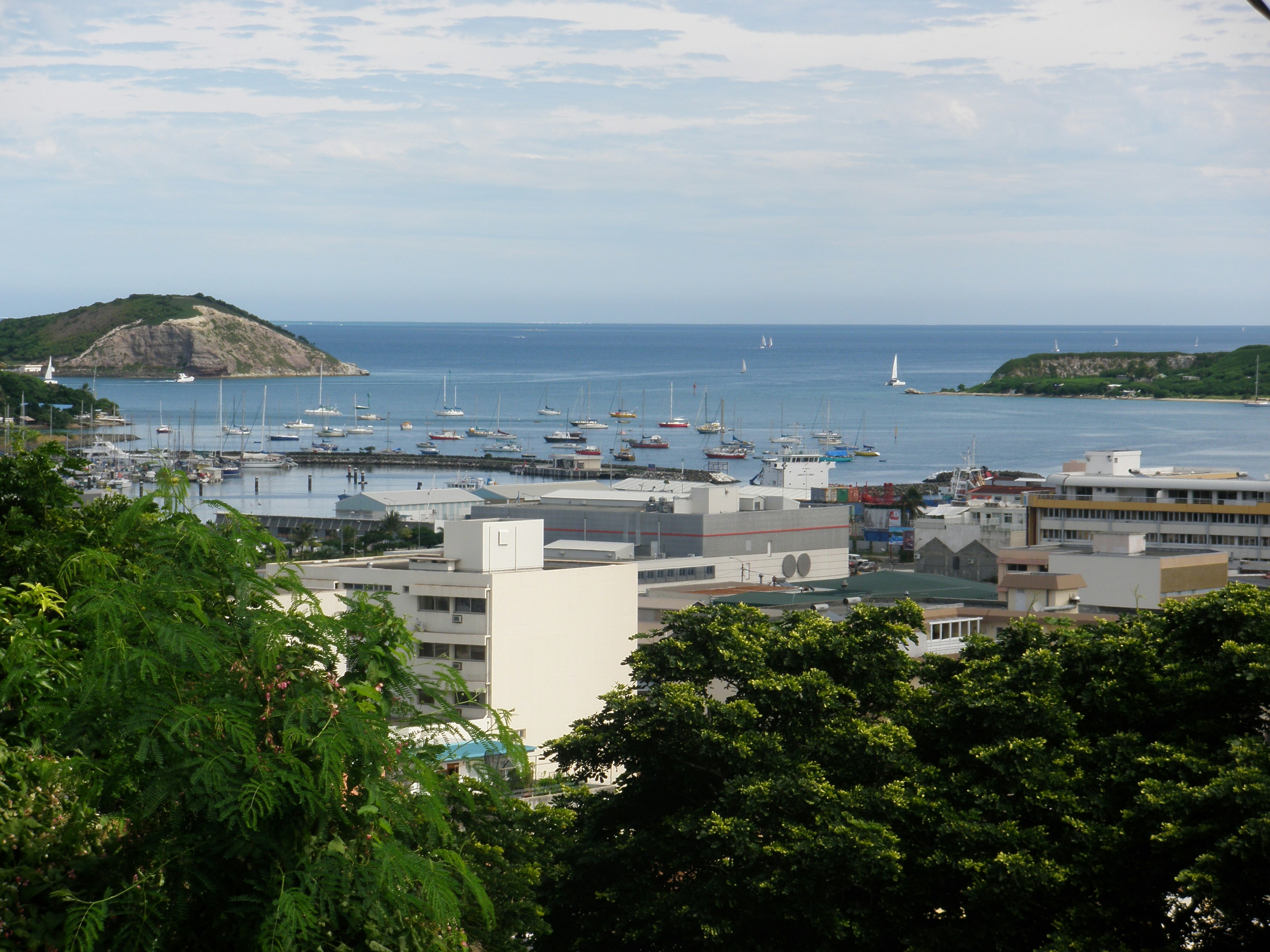 海と港の風景に囲まれた町のパノラマ