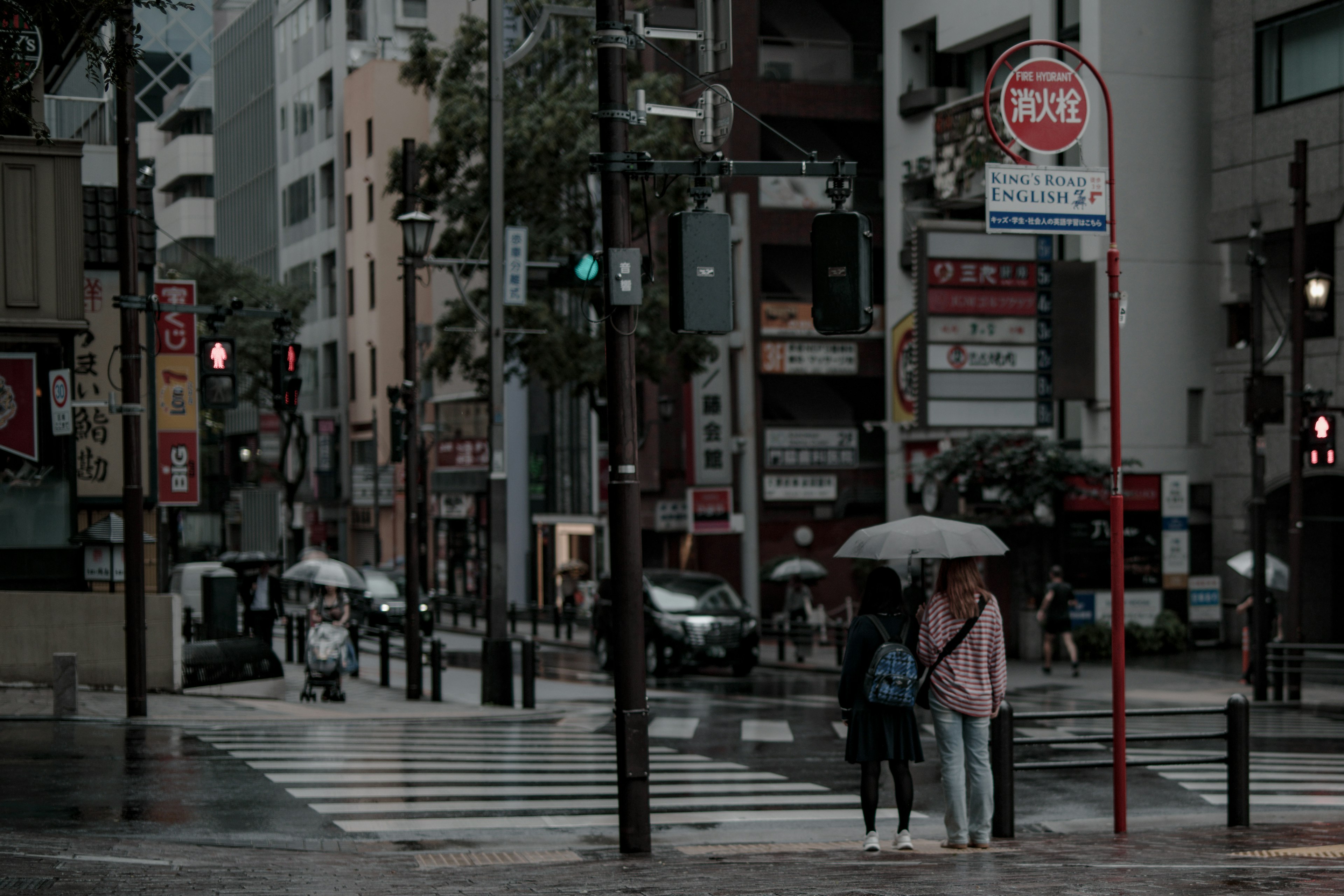 雨の中で傘を持った二人の人物が交差点を渡る都市の風景