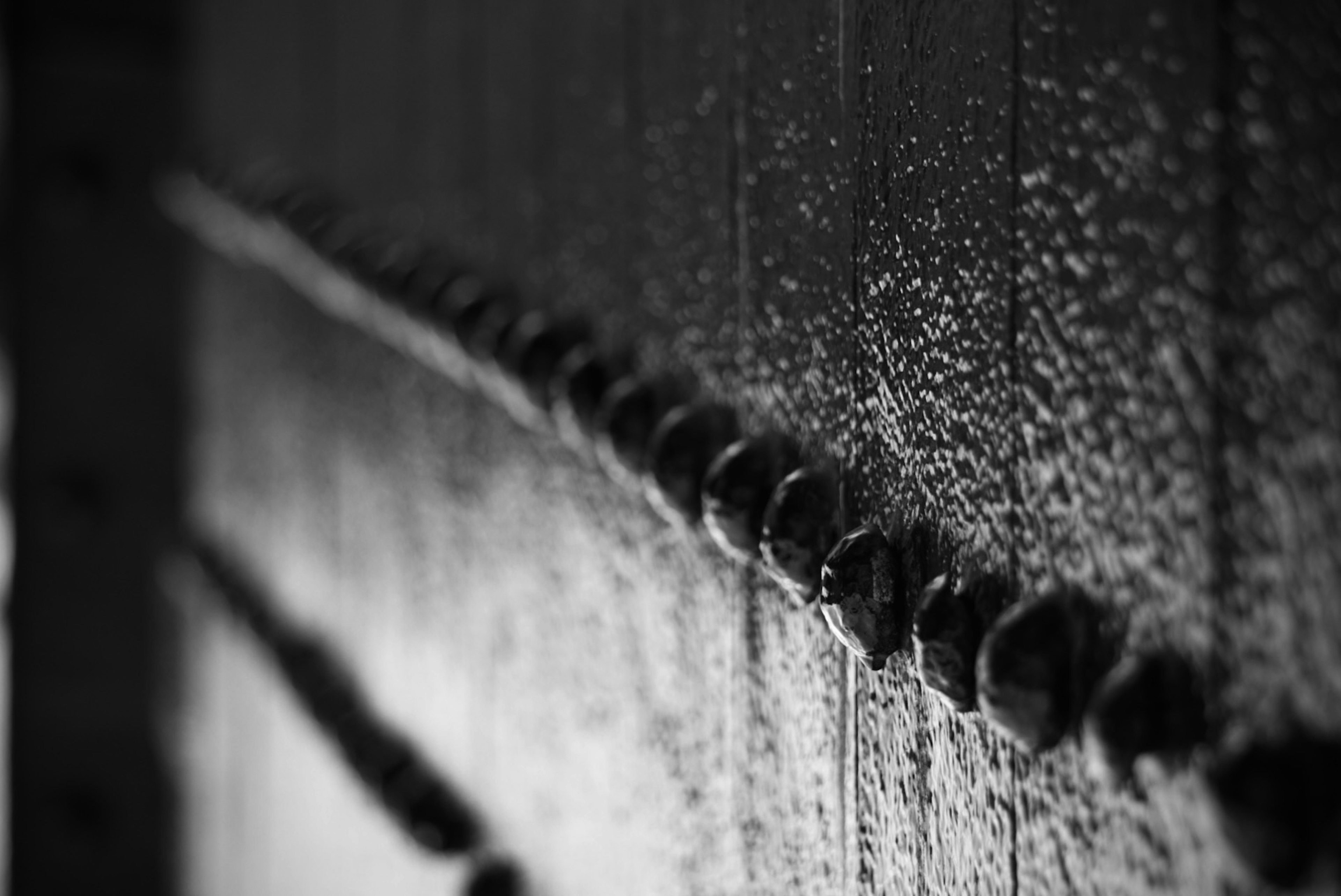 Black and white image of a surface with water droplets and metallic bolts