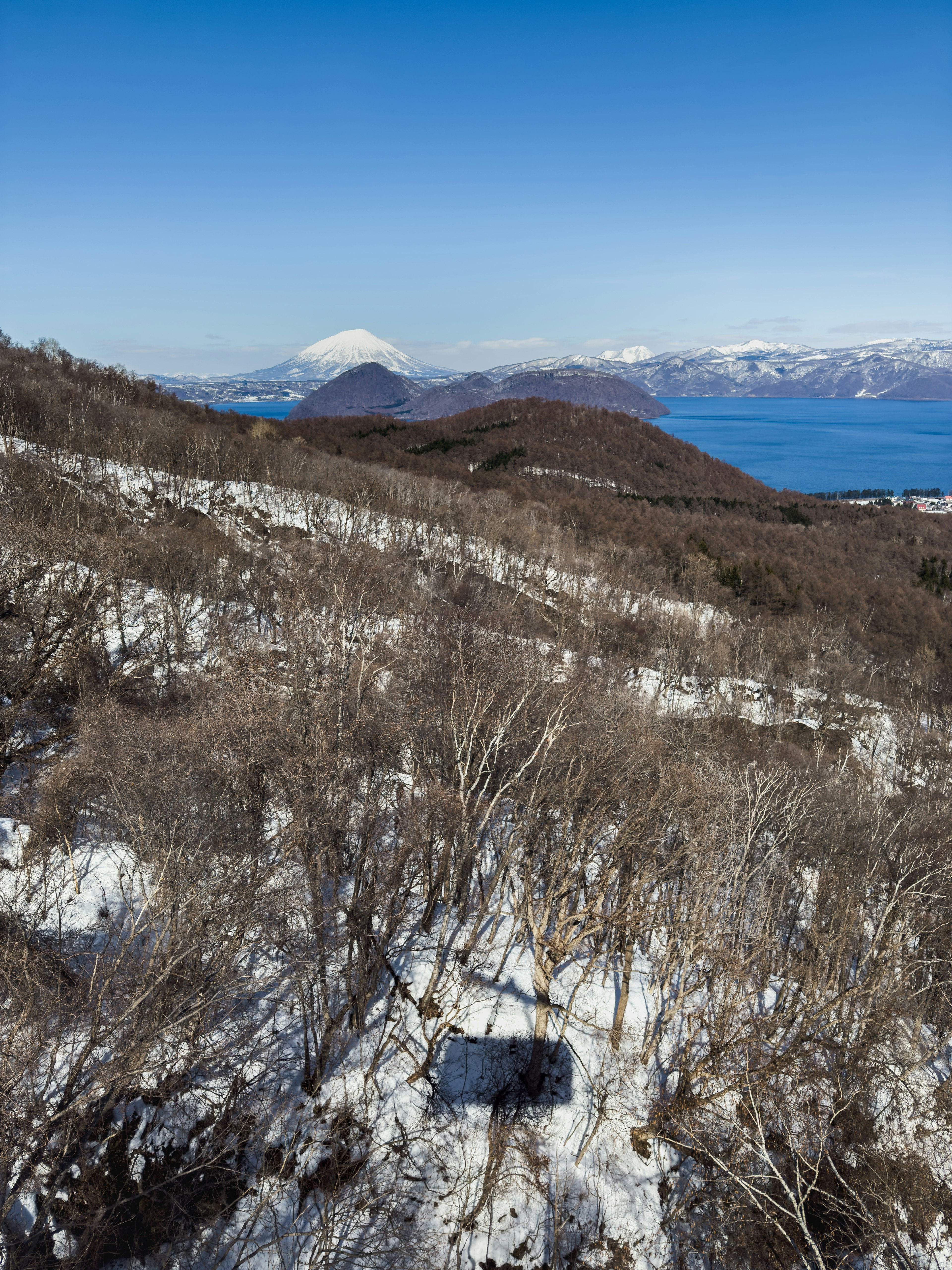 Paesaggio montano innevato con vista lontana del monte Fuji