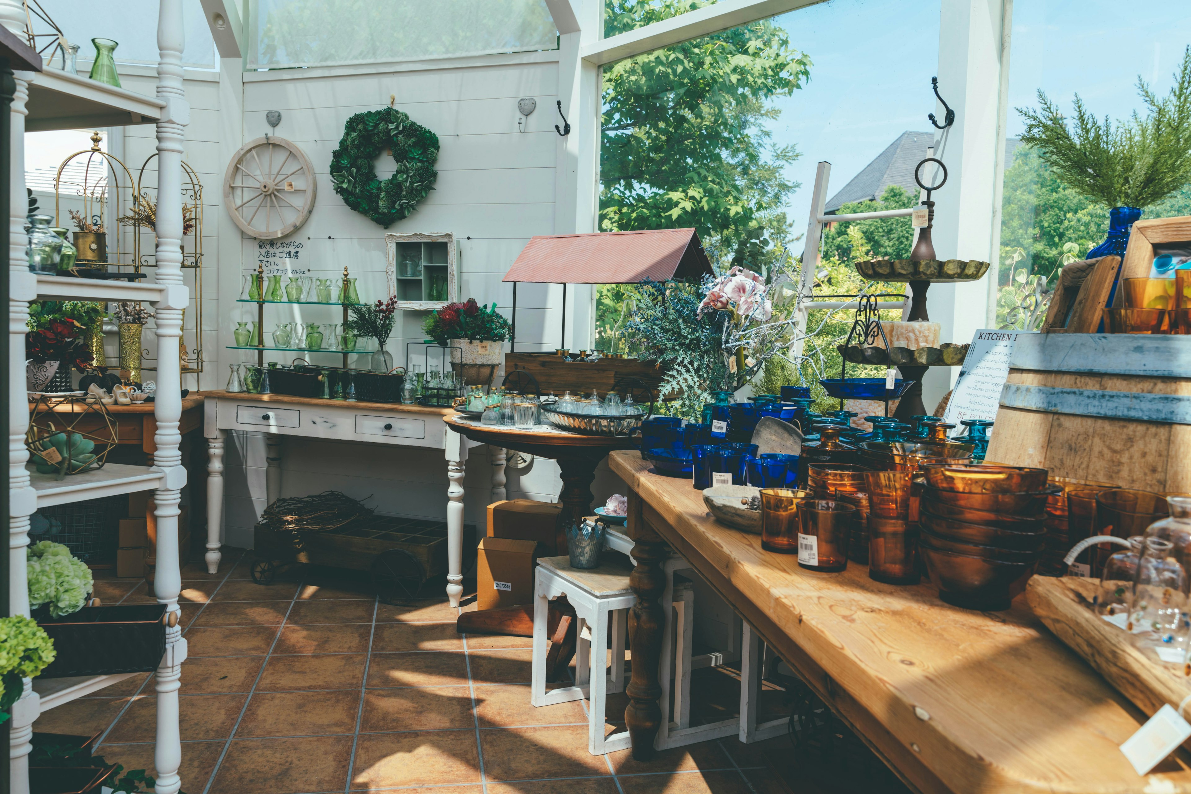 Interior brillante de un invernadero con estantes de plantas y flores mesa de madera y varios objetos