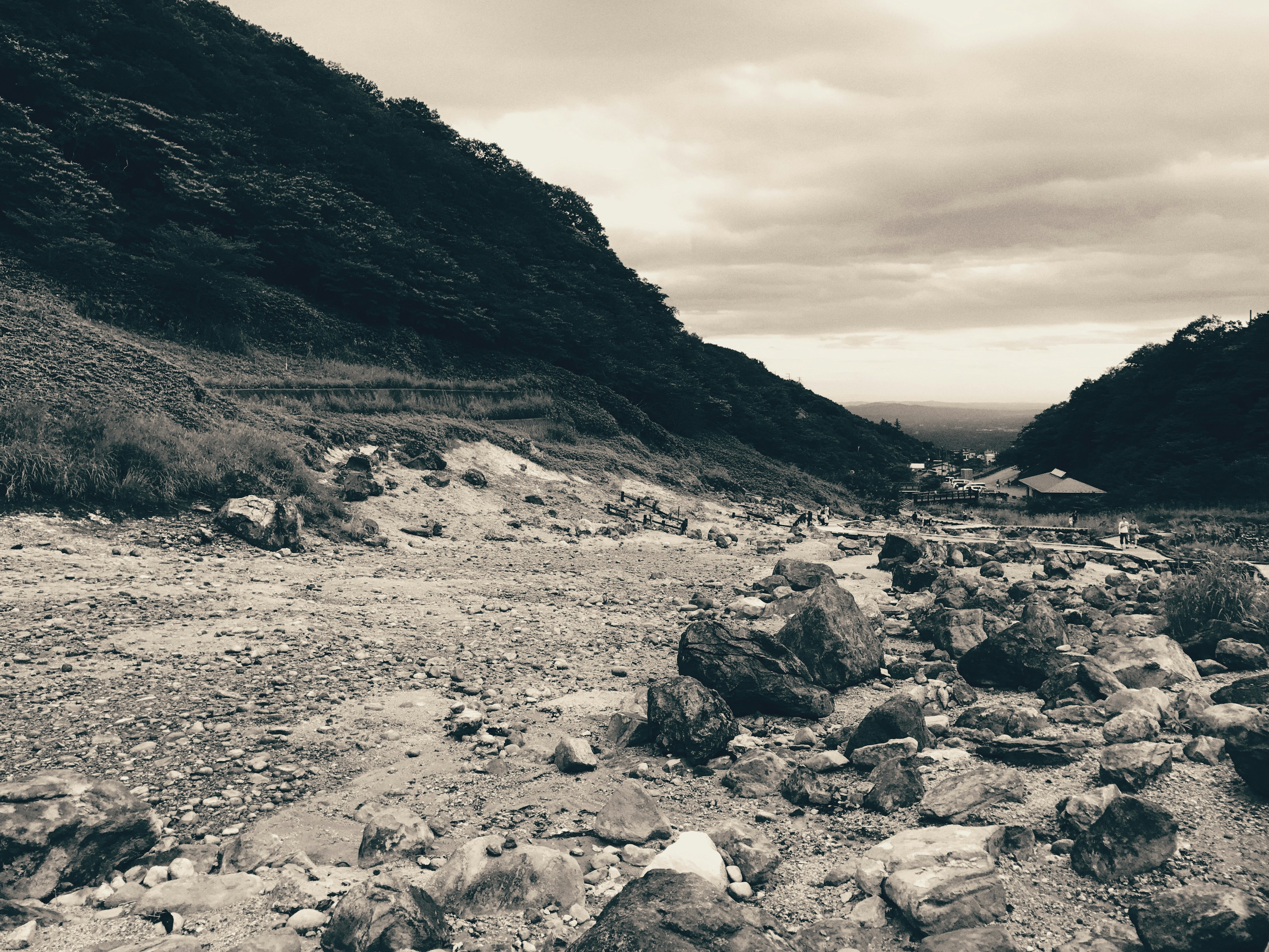 A monochrome landscape featuring scattered rocks in a valley