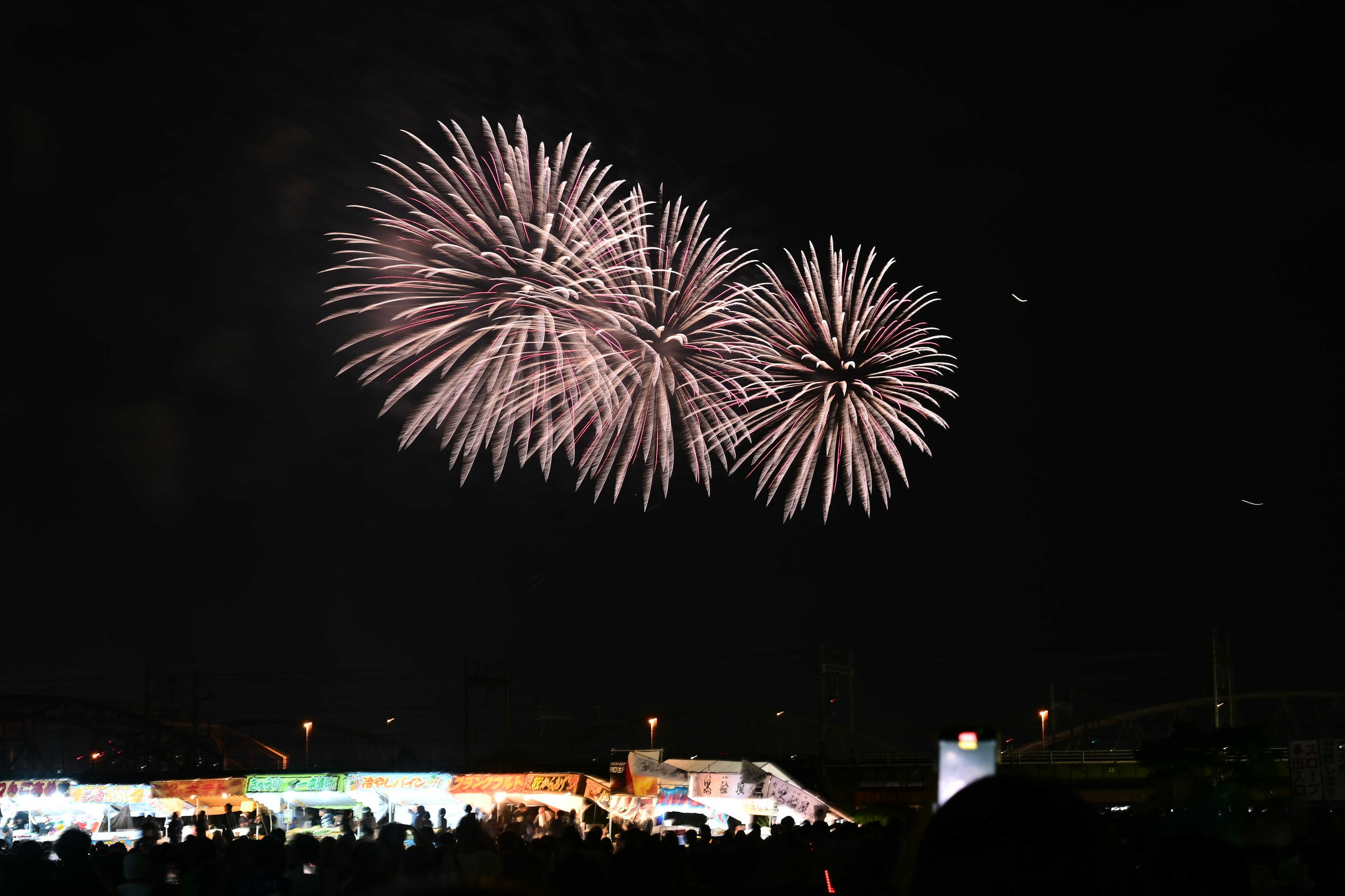 夜空に輝く花火のショーと観客のシルエット